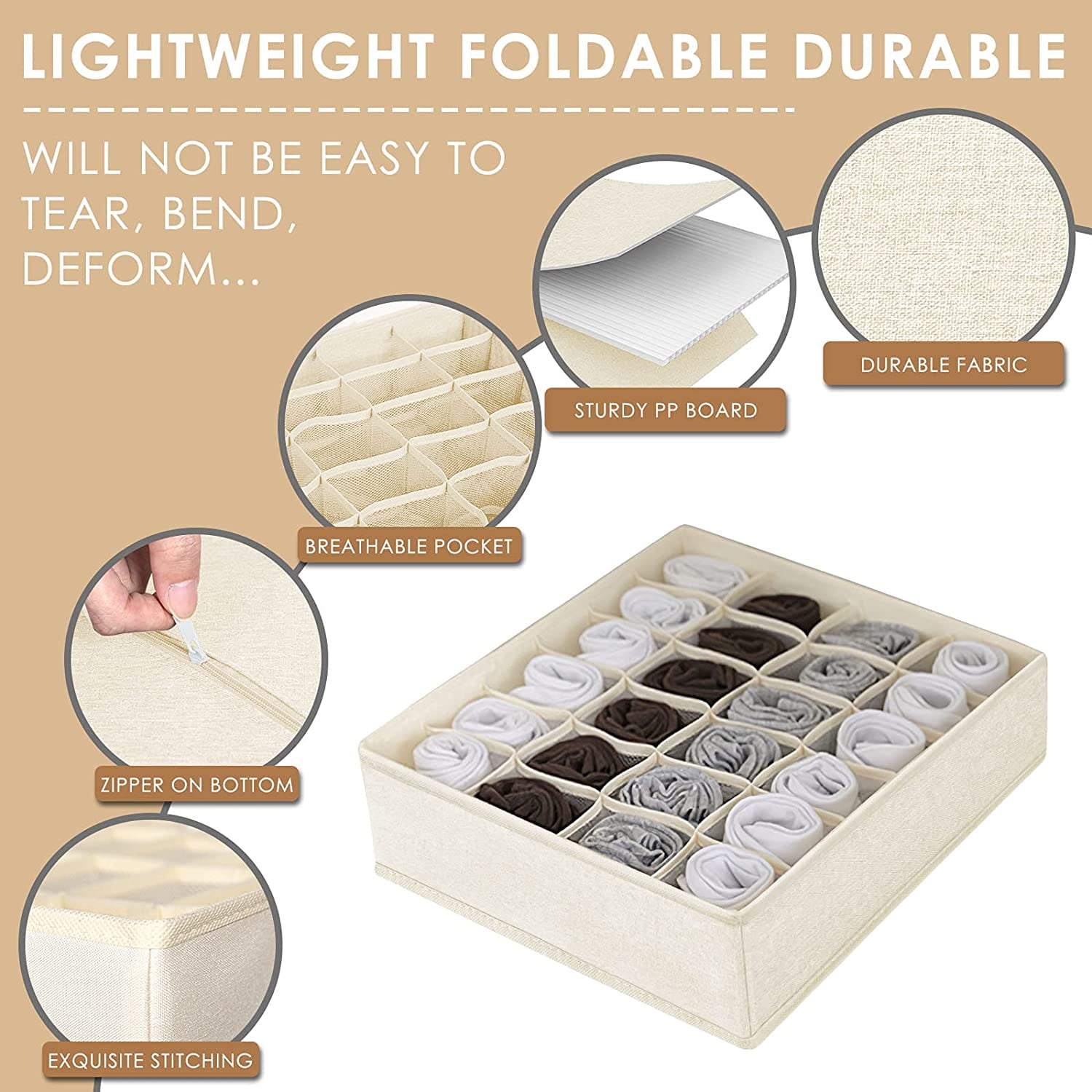 Tutuviw Wardrobe Clothes Organizer for Jeans, Upgraded Drawer Organizers for Clothing with Handle Foldable, Drawer Organizers Clothes(Gray,1PCS-M) 2PCS-24 Cell Beige - Image 2