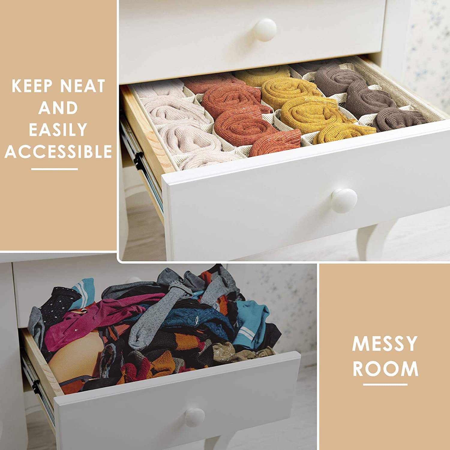 Tutuviw Wardrobe Clothes Organizer for Jeans, Upgraded Drawer Organizers for Clothing with Handle Foldable, Drawer Organizers Clothes(Gray,1PCS-M) 2PCS-24 Cell Beige - Image 4