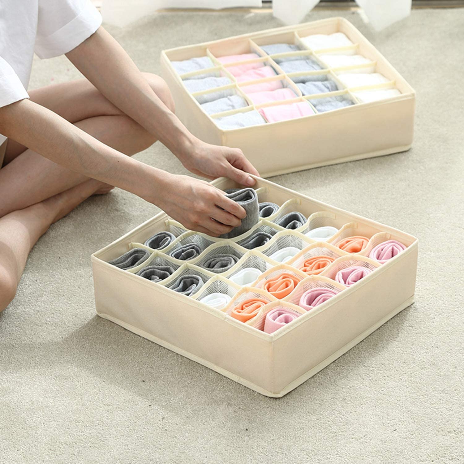 Tutuviw Wardrobe Clothes Organizer for Jeans, Upgraded Drawer Organizers for Clothing with Handle Foldable, Drawer Organizers Clothes(Gray,1PCS-M) 2PCS-24 Cell Beige - Image 6