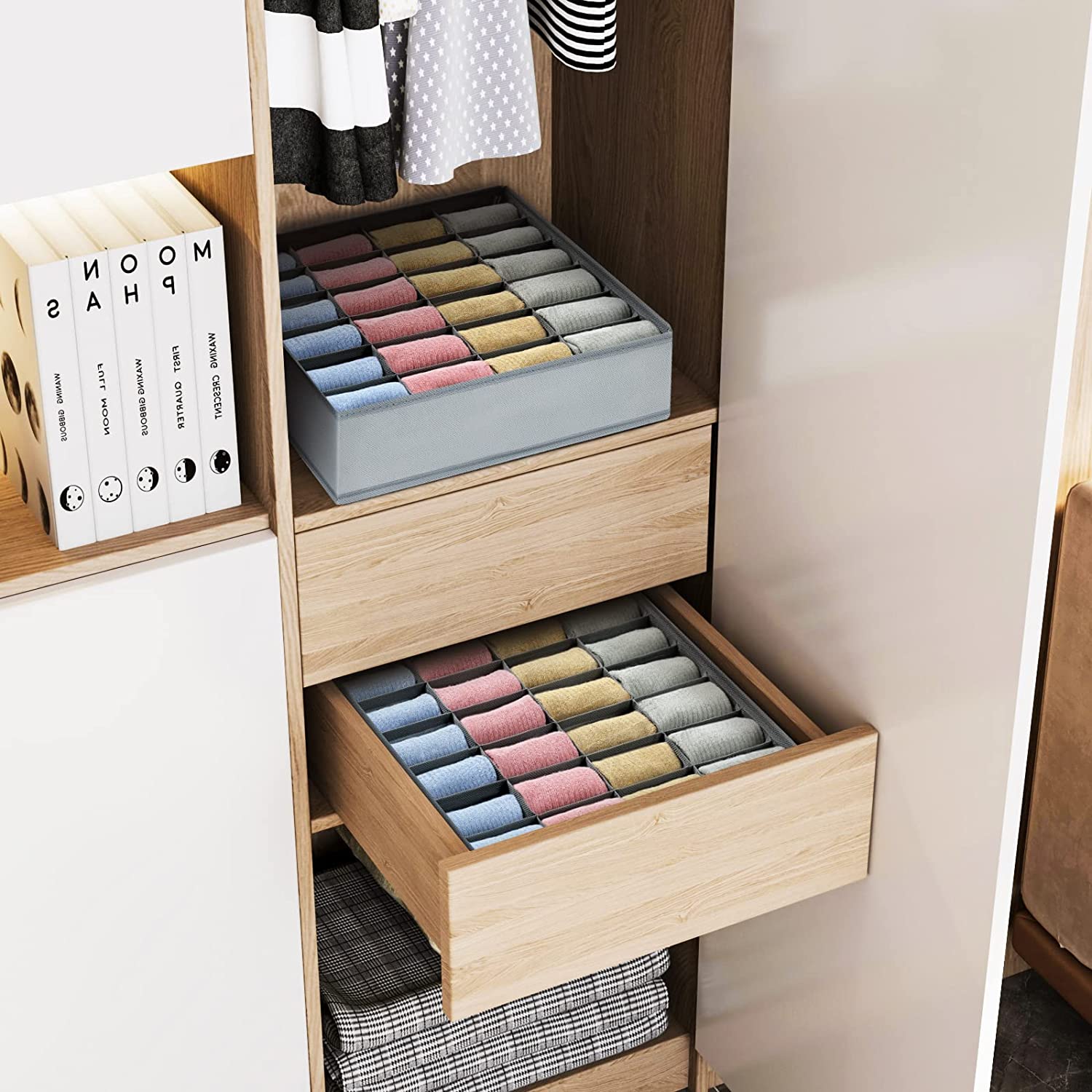 Tutuviw Wardrobe Clothes Organizer for Jeans, Upgraded Drawer Organizers for Clothing with Handle Foldable, Drawer Organizers Clothes(Gray,1PCS-M) 2PCS-24 Cell Gray - Image 7