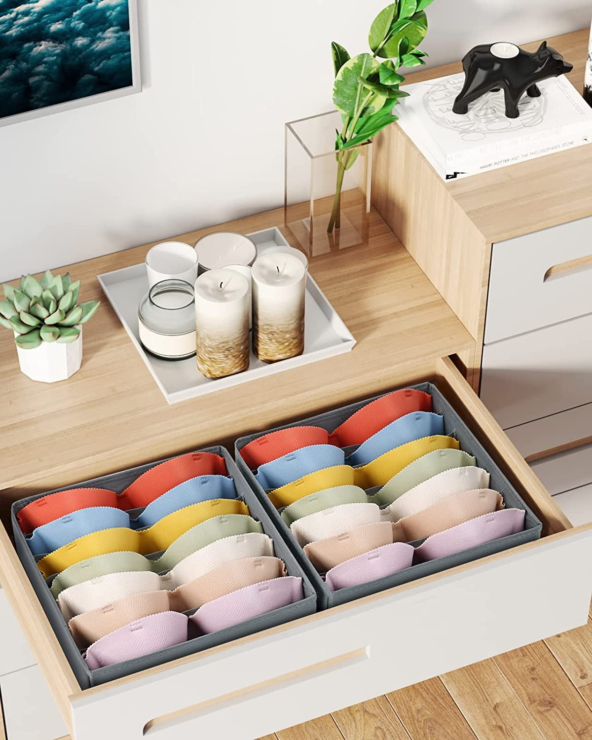 Tutuviw Wardrobe Clothes Organizer for Jeans, Upgraded Drawer Organizers for Clothing with Handle Foldable, Drawer Organizers Clothes(Gray,1PCS-M) 2PCS-7 Cell Gray - Image 1
