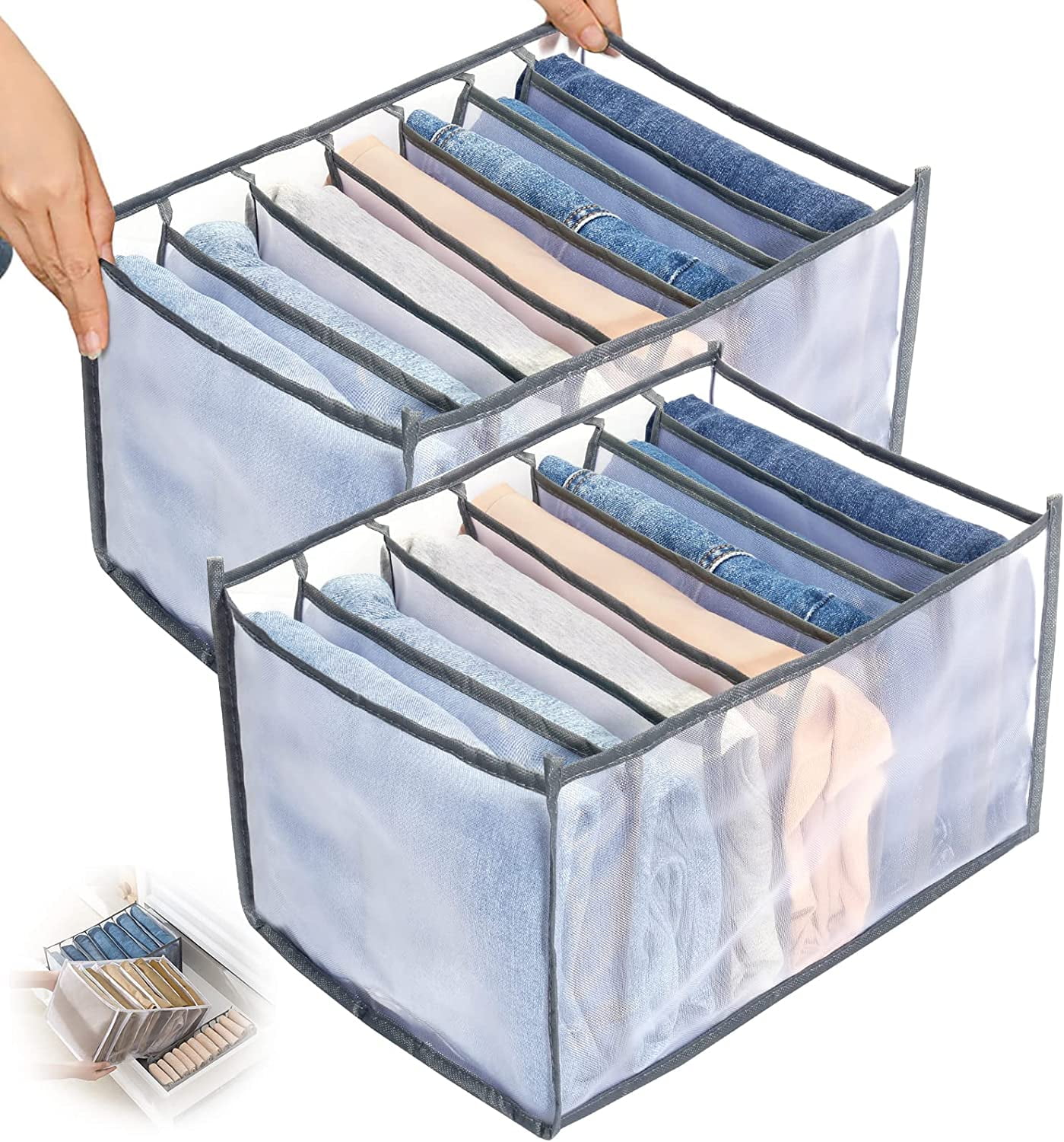 Tutuviw Wardrobe Clothes Organizer for Jeans, Upgraded Drawer Organizers for Clothing with Handle Foldable, Drawer Organizers Clothes(Gray,1PCS-M) 2PCS-7 Cell(L+ M) - Image 1