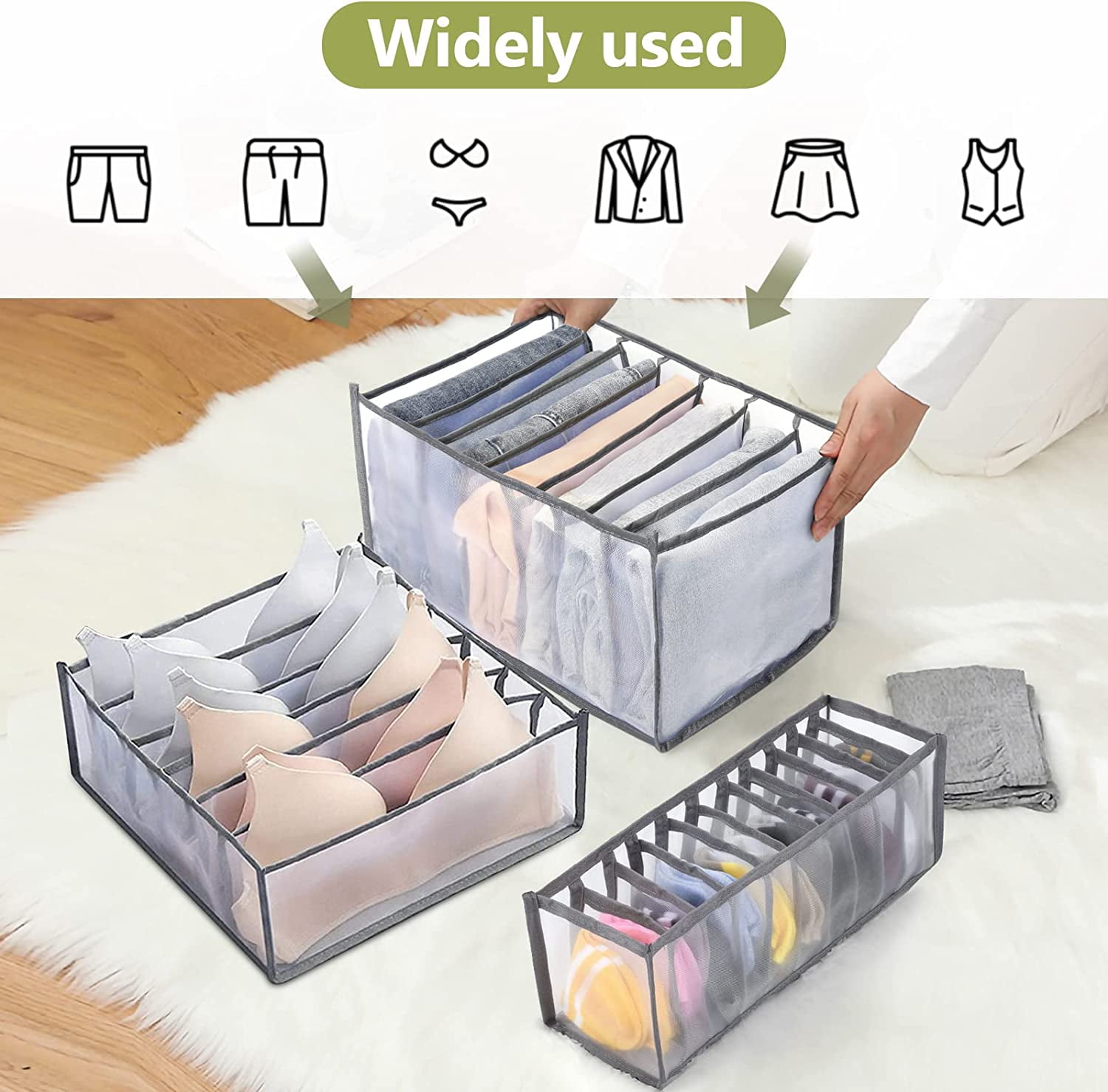 Tutuviw Wardrobe Clothes Organizer for Jeans, Upgraded Drawer Organizers for Clothing with Handle Foldable, Drawer Organizers Clothes(Gray,1PCS-M) 2PCS-7 Cell(L+ M) - Image 5