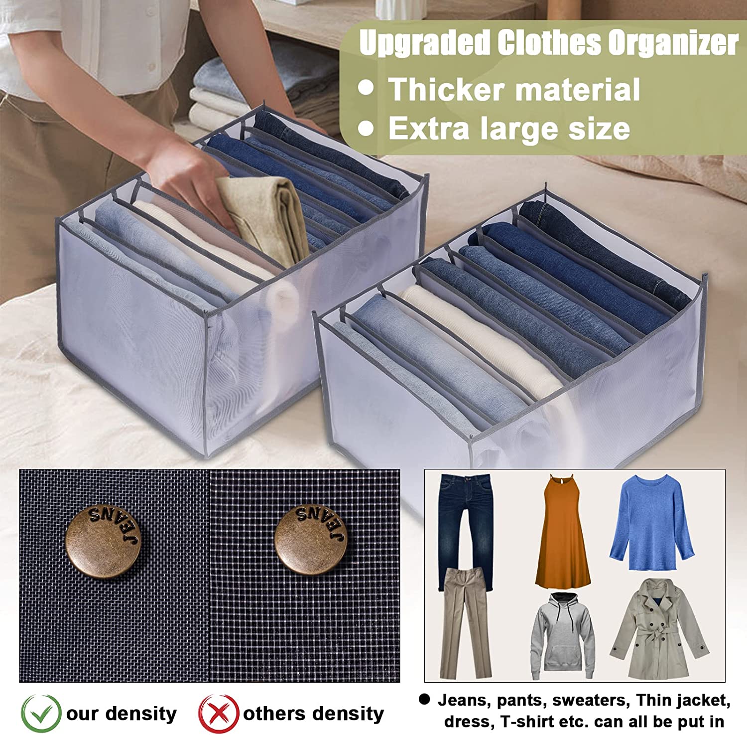 Tutuviw Wardrobe Clothes Organizer for Jeans, Upgraded Drawer Organizers for Clothing with Handle Foldable, Drawer Organizers Clothes(Gray,1PCS-M) 2PCS-7 Cell(L+ M) - Image 7