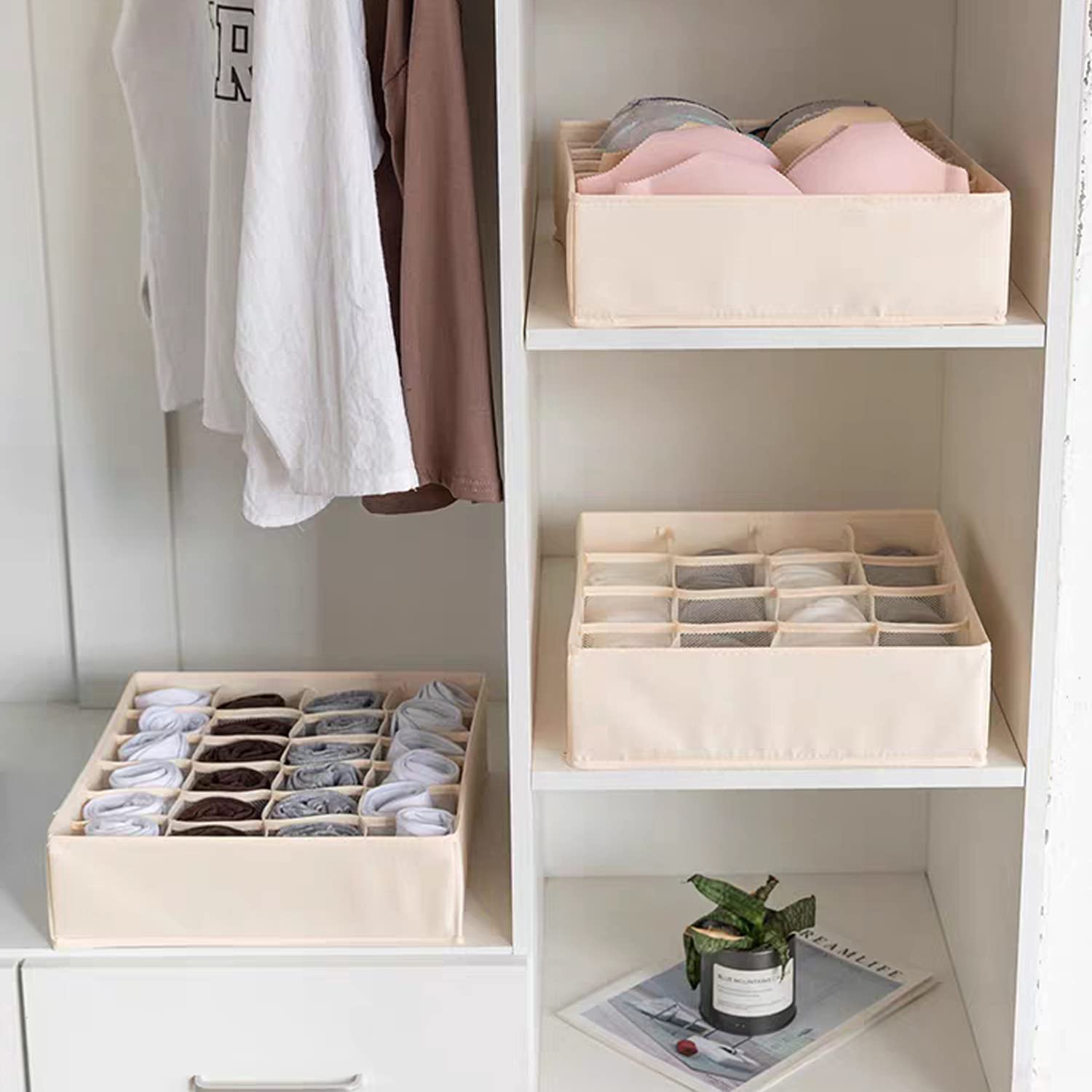 Tutuviw Wardrobe Clothes Organizer for Jeans, Upgraded Drawer Organizers for Clothing with Handle Foldable, Drawer Organizers Clothes(Gray,1PCS-M) 2PCS-7 Cell+24 Cell Beige - Image 6