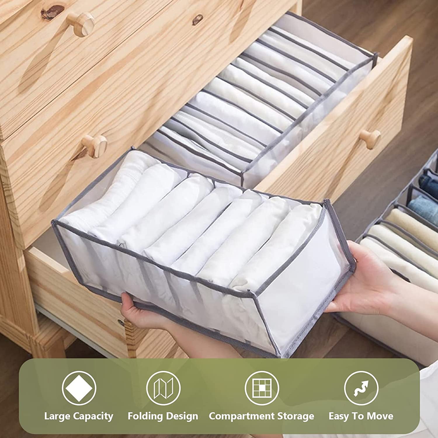 Tutuviw Wardrobe Clothes Organizer for Jeans, Upgraded Drawer Organizers for Clothing with Handle Foldable, Drawer Organizers Clothes(Gray,1PCS-M) 4PCS-7 Cell(2*L+ 3*M) - Image 8