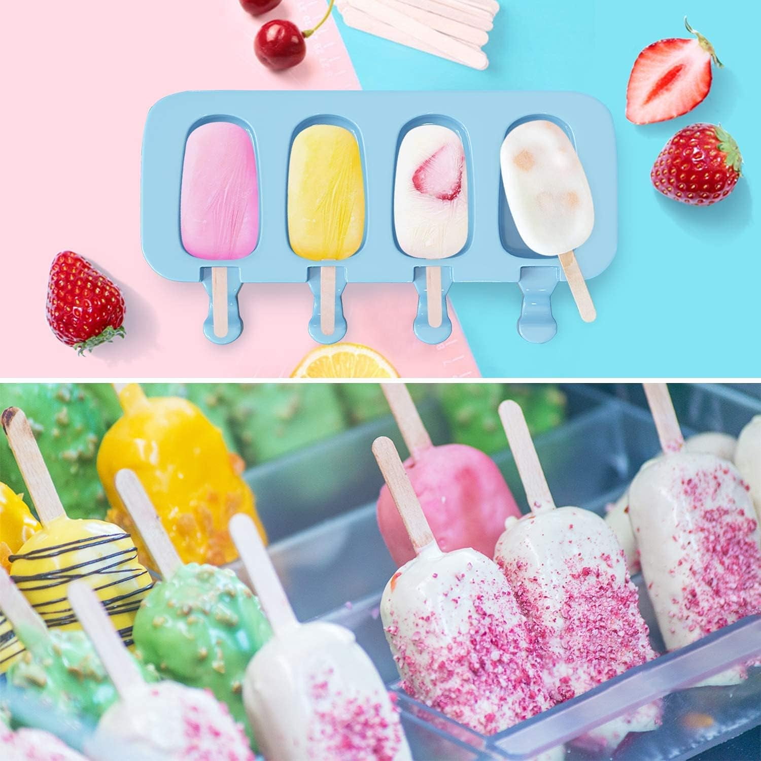 2Pack Popsicle Molds, 4 Cavities Ice Pop Molds, Silicone Popsicle Molds for Kids, Cake Pop Mold with 100 Wooden Sticks for DIY Ice Popsicle, Cakesicle Molds Silicone - Image 3