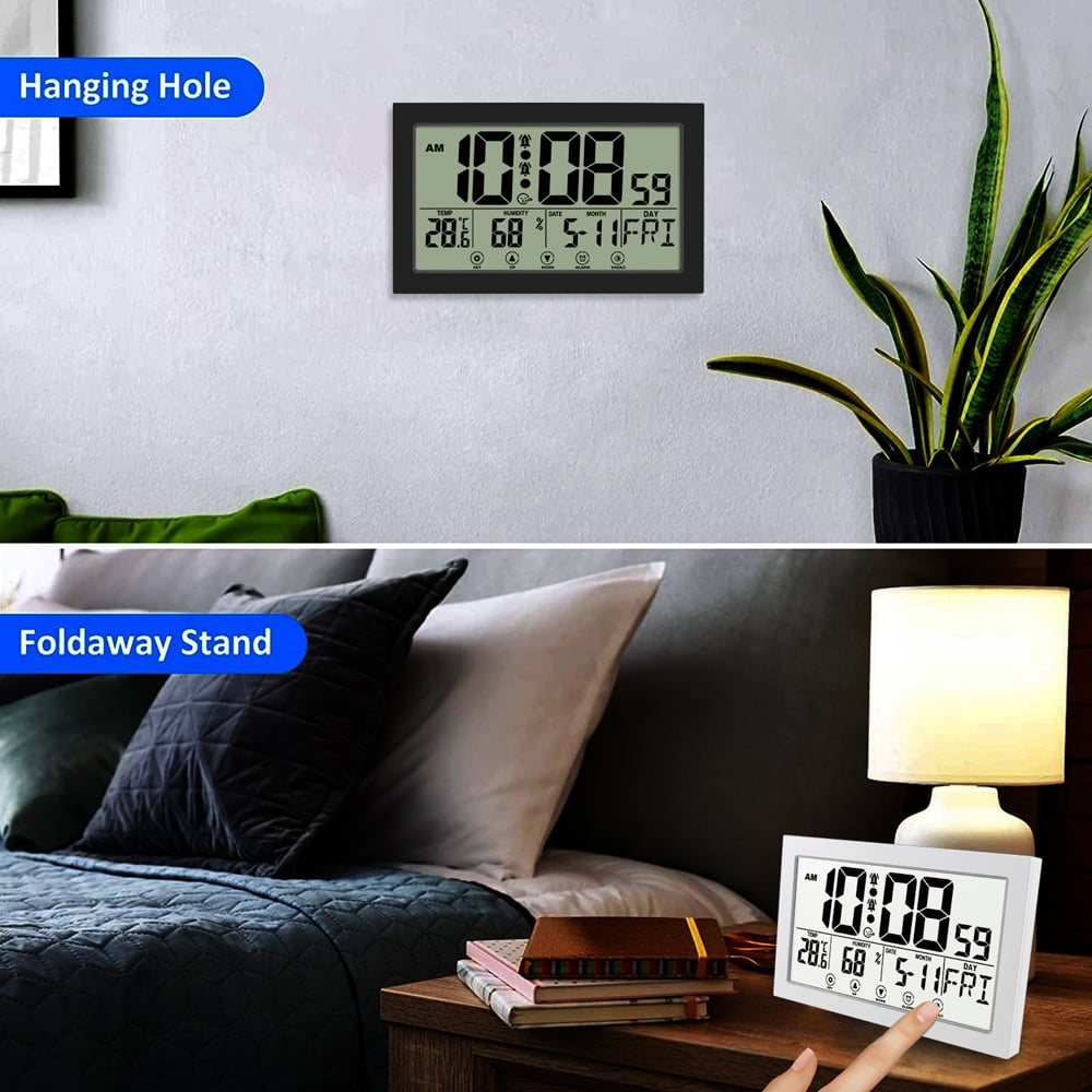 Auto Set Digital Wall Clock Battery Operated,Desk Clocks with Temperature,Humidity ， Display Digital Calendar Alarm Clock for Elderly,Bedroom,Office,black，G165466 black - Image 5