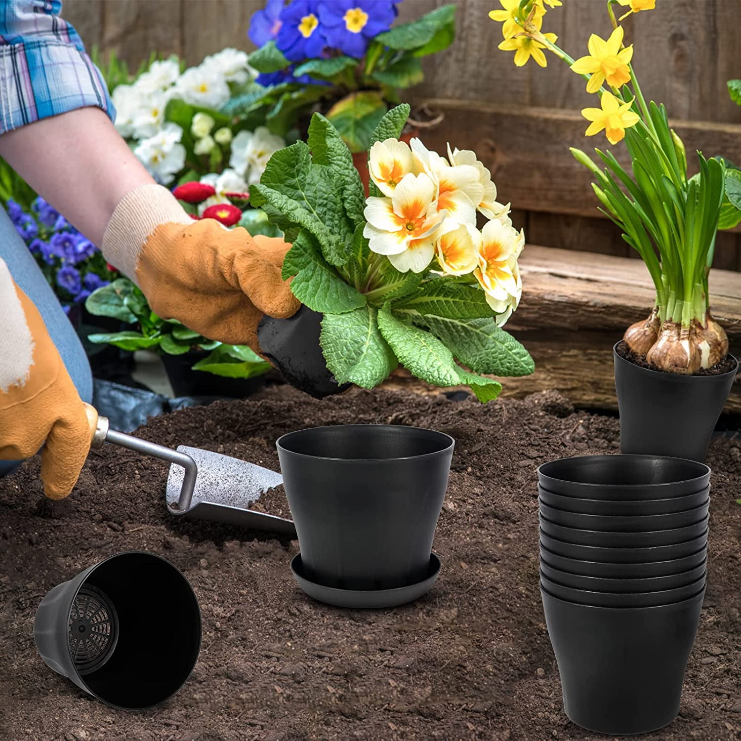 Tutuviw 4 inch Plant Pots,Plastic Planters with Drainage Holes and Saucers for Flowers Plants, Succulents,Seed Starting Pots, Black，8Pack 4inch-Black - Image 2