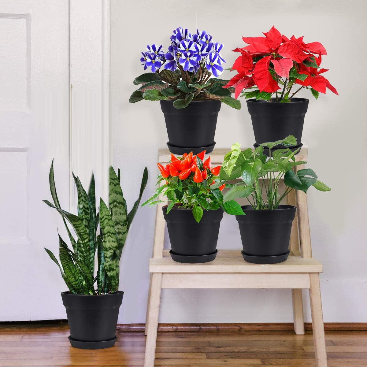 Tutuviw 4 inch Plant Pots,Plastic Planters with Drainage Holes and Saucers for Flowers Plants, Succulents,Seed Starting Pots, Black，8Pack 4inch-Black - Image 4