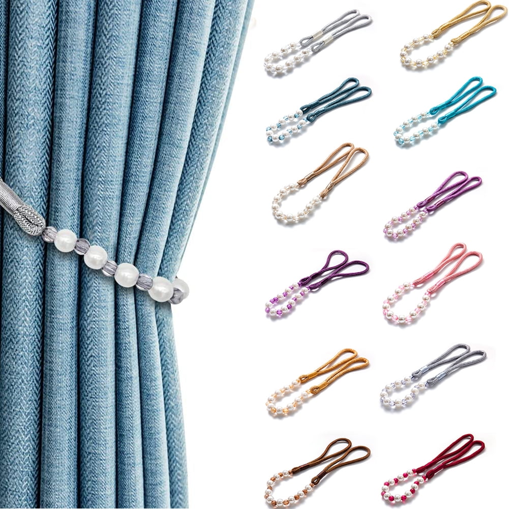 Visland 2 Pack Acrylic Pearl Curtain Tie Backs Curtain Hooks, Elegant Beads Curtain Rope Straps, Decorative Holdbacks Curtain Holders, 29in Sliver Grey - Image 1