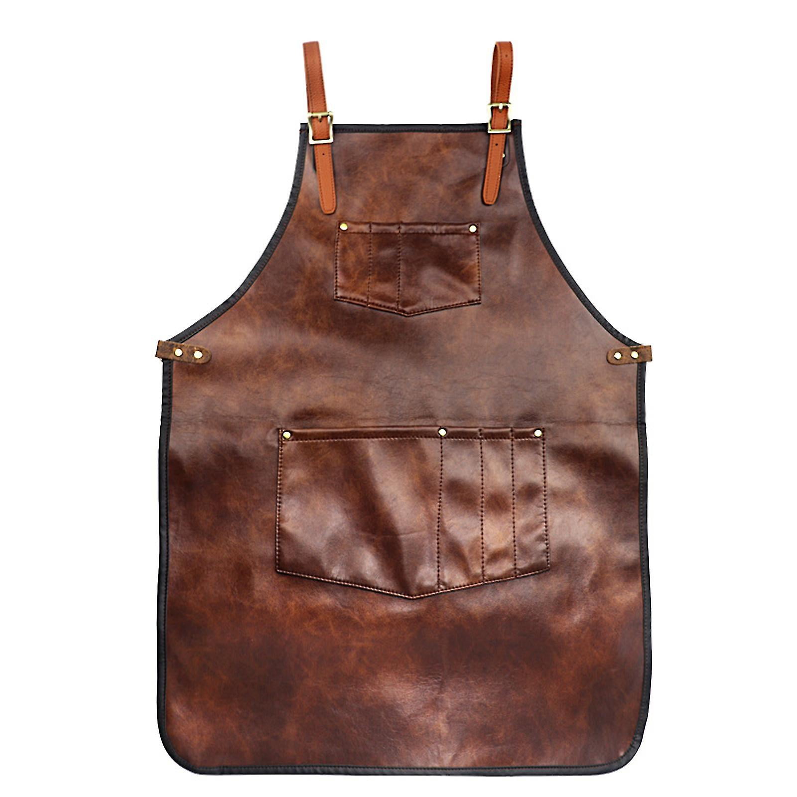 Brown B Chef Apron For Men Women Waterproof Leather Apron With Pockets Cross-Back Straps For Kitchen Bbq Cooking Barber Barista Apron Handworking - Image 1