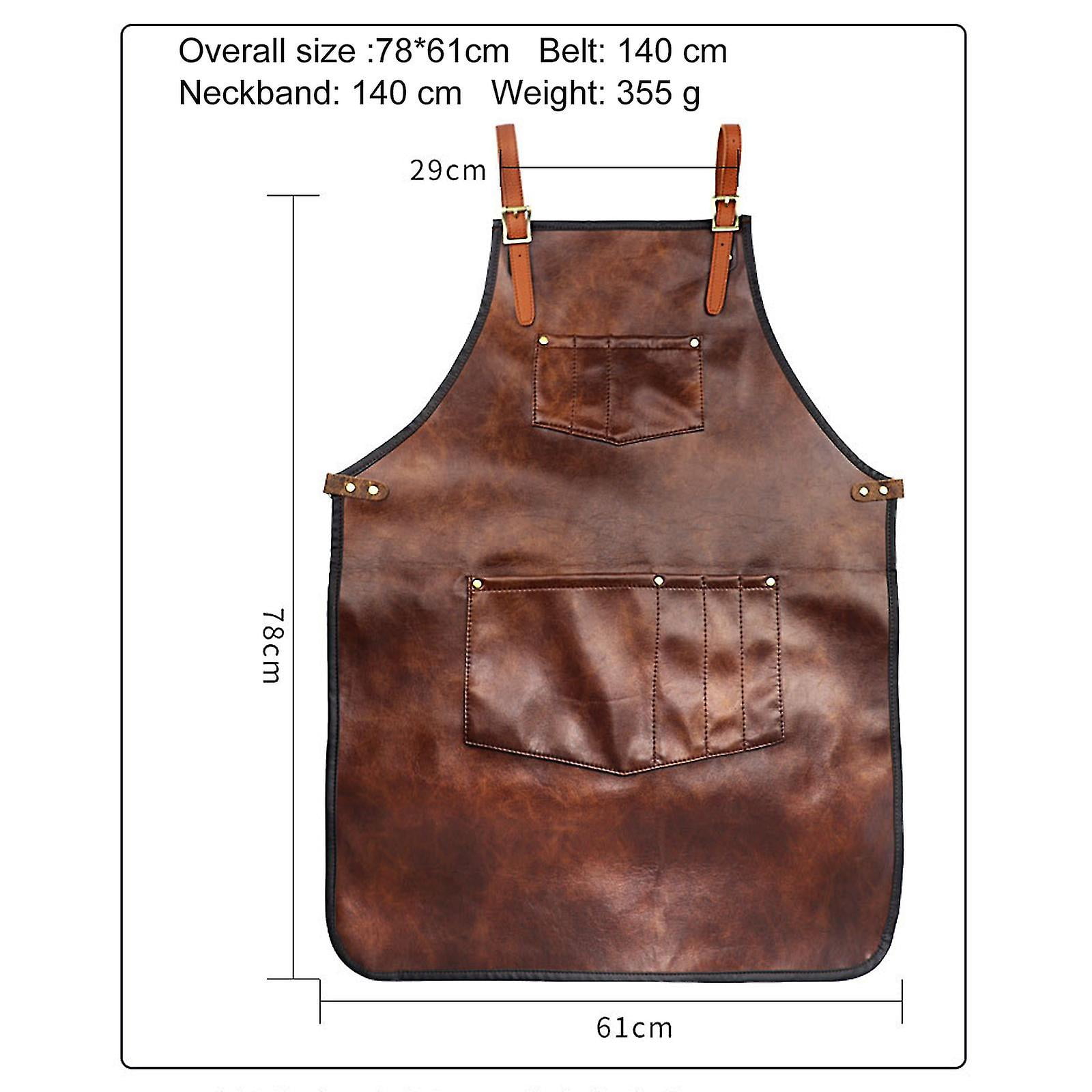 Brown B Chef Apron For Men Women Waterproof Leather Apron With Pockets Cross-Back Straps For Kitchen Bbq Cooking Barber Barista Apron Handworking - Image 2