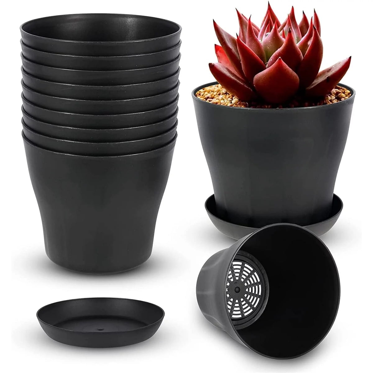 Pots for Plants, 8 Pack 4.8 inch Plastic Planters with Multiple Drainage Holes and Trays - Plant Pots for All Home Garden Flowers Succulents (White) 4.8inch-Black1 - Image 1