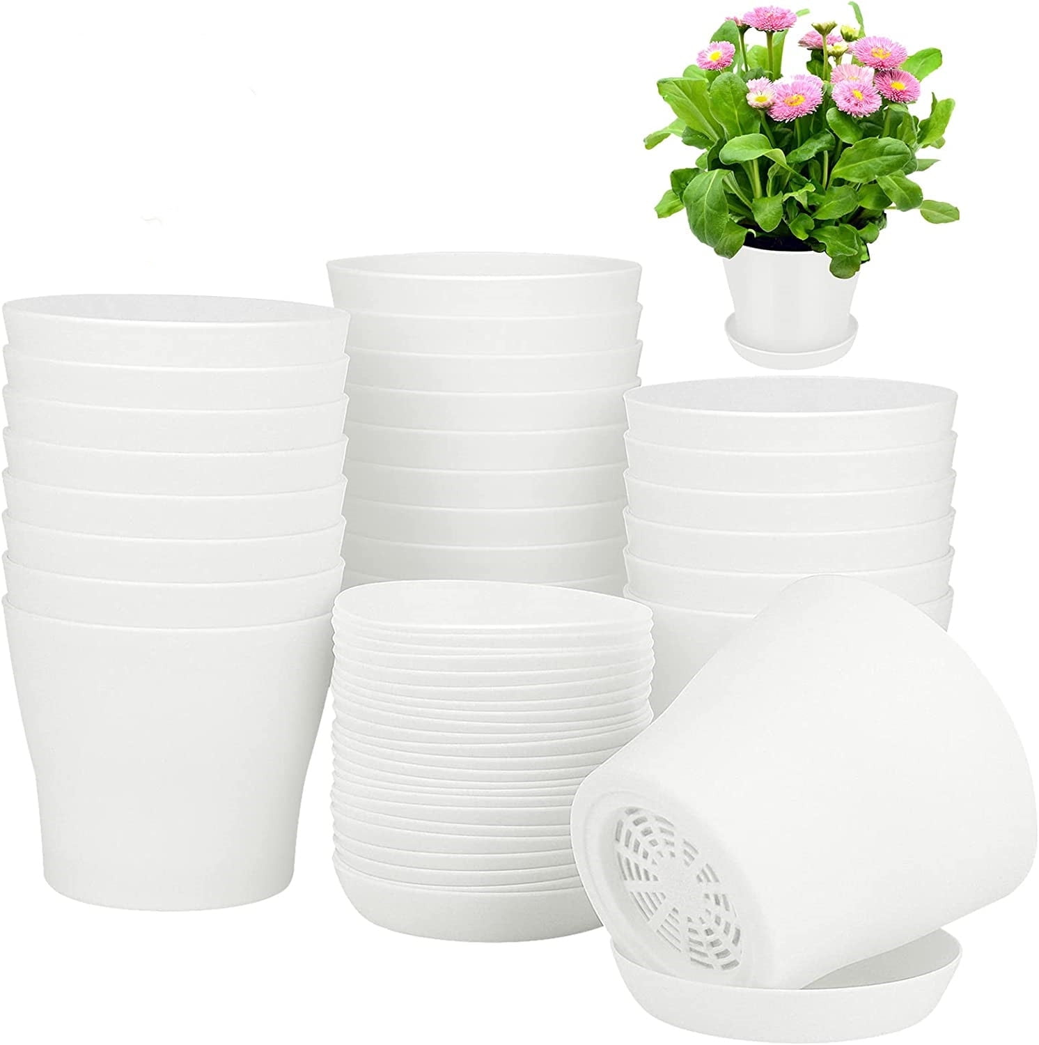 Pots for Plants, 8 Pack 4.8 inch Plastic Planters with Multiple Drainage Holes and Trays - Plant Pots for All Home Garden Flowers Succulents (White) 4.8inch-White - Image 1