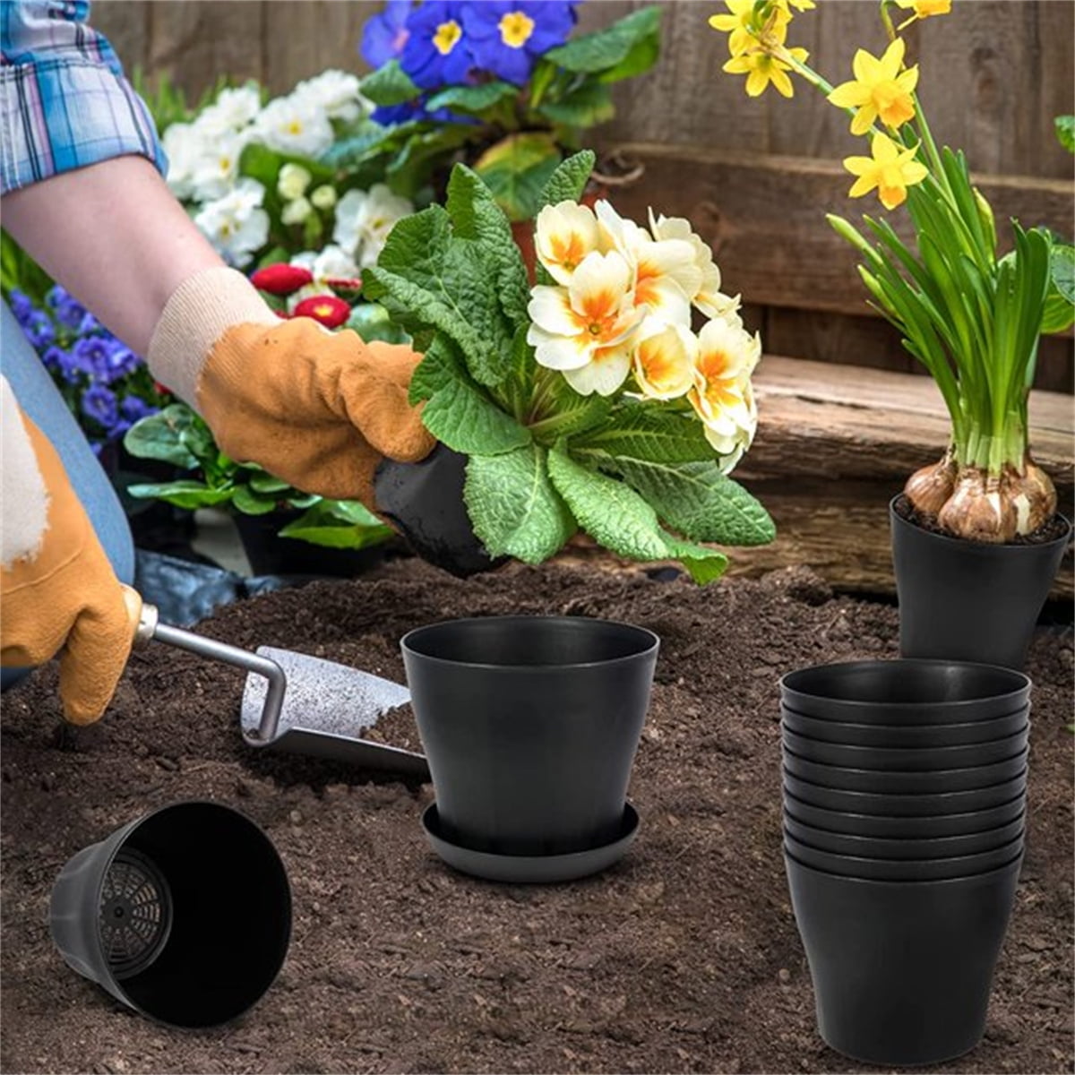 Pots for Plants, 8 Pack 4.8 inch Plastic Planters with Multiple Drainage Holes and Trays - Plant Pots for All Home Garden Flowers Succulents (White) 4inch-Black1 - Image 5
