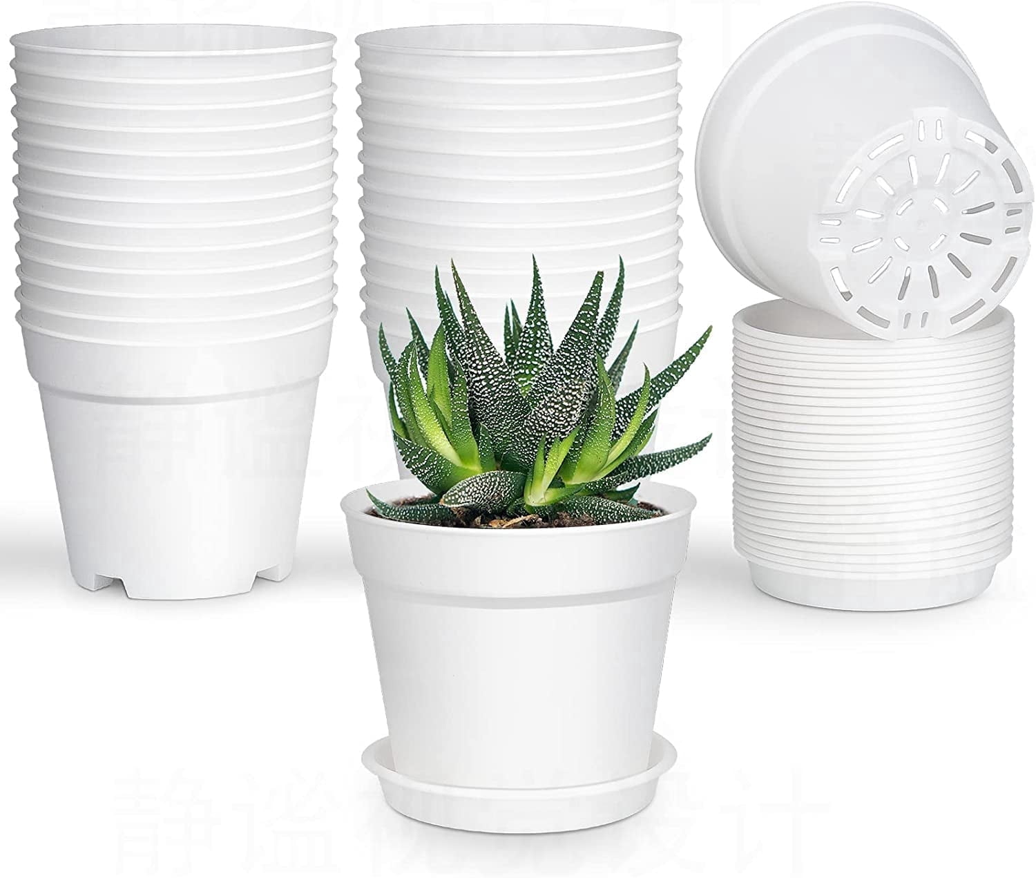 Pots for Plants, 8 Pack 4.8 inch Plastic Planters with Multiple Drainage Holes and Trays - Plant Pots for All Home Garden Flowers Succulents (White) 4inch-White - Image 1