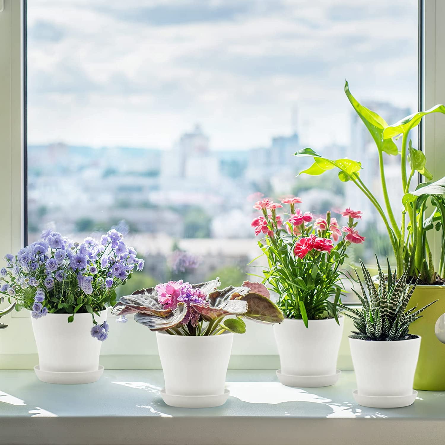 Pots for Plants, 8 Pack 4.8 inch Plastic Planters with Multiple Drainage Holes and Trays - Plant Pots for All Home Garden Flowers Succulents (White) 4inch-White - Image 2