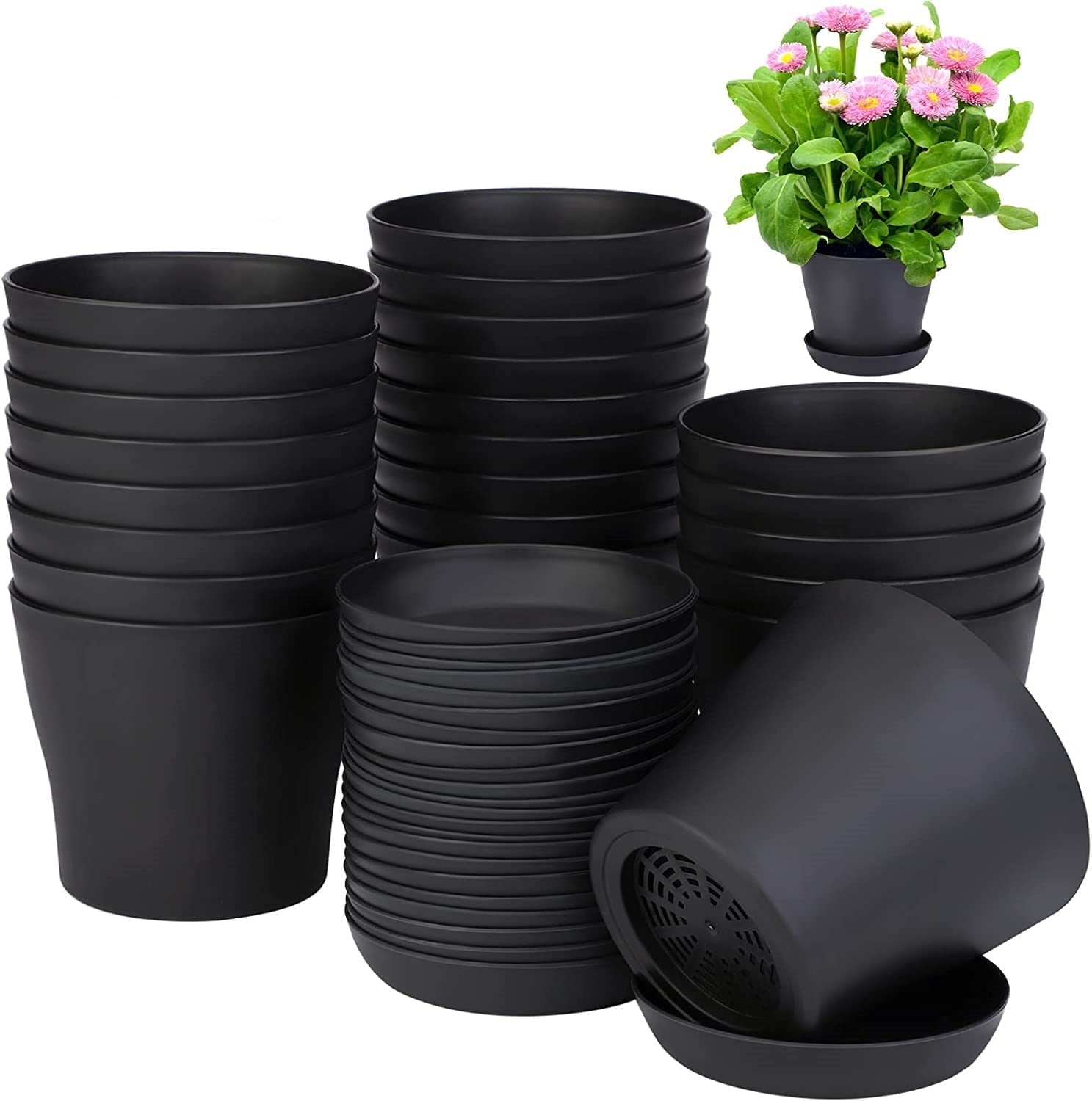 Pots for Plants, 8 Pack 4 inch Plastic Planters with Multiple Drainage Holes and Trays - Plant Pots for All Home Garden Flowers Succulents (White) 4inch-Black - Image 1