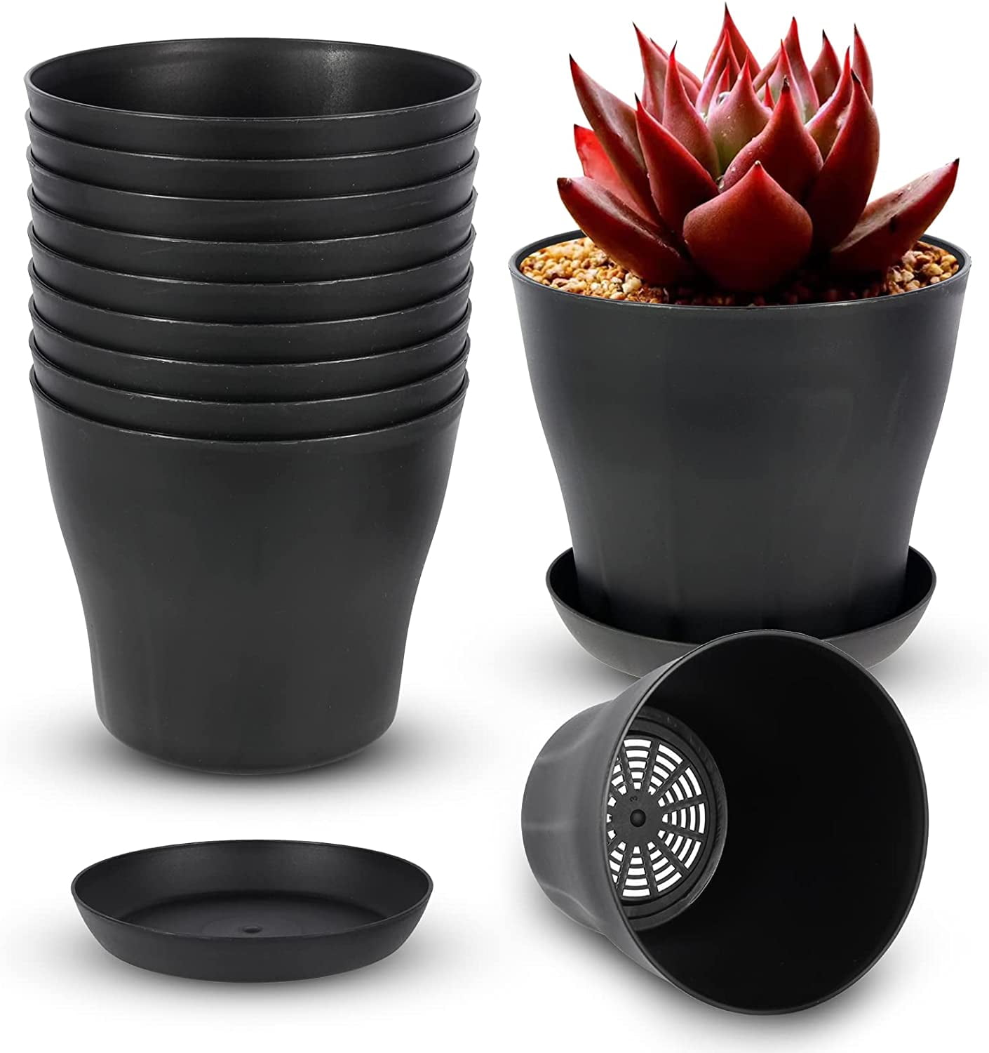 Pots for Plants, 8 Pack 4 inch Plastic Planters with Multiple Drainage Holes and Trays - Plant Pots for All Home Garden Flowers Succulents (White) 4inch-Black - Image 4