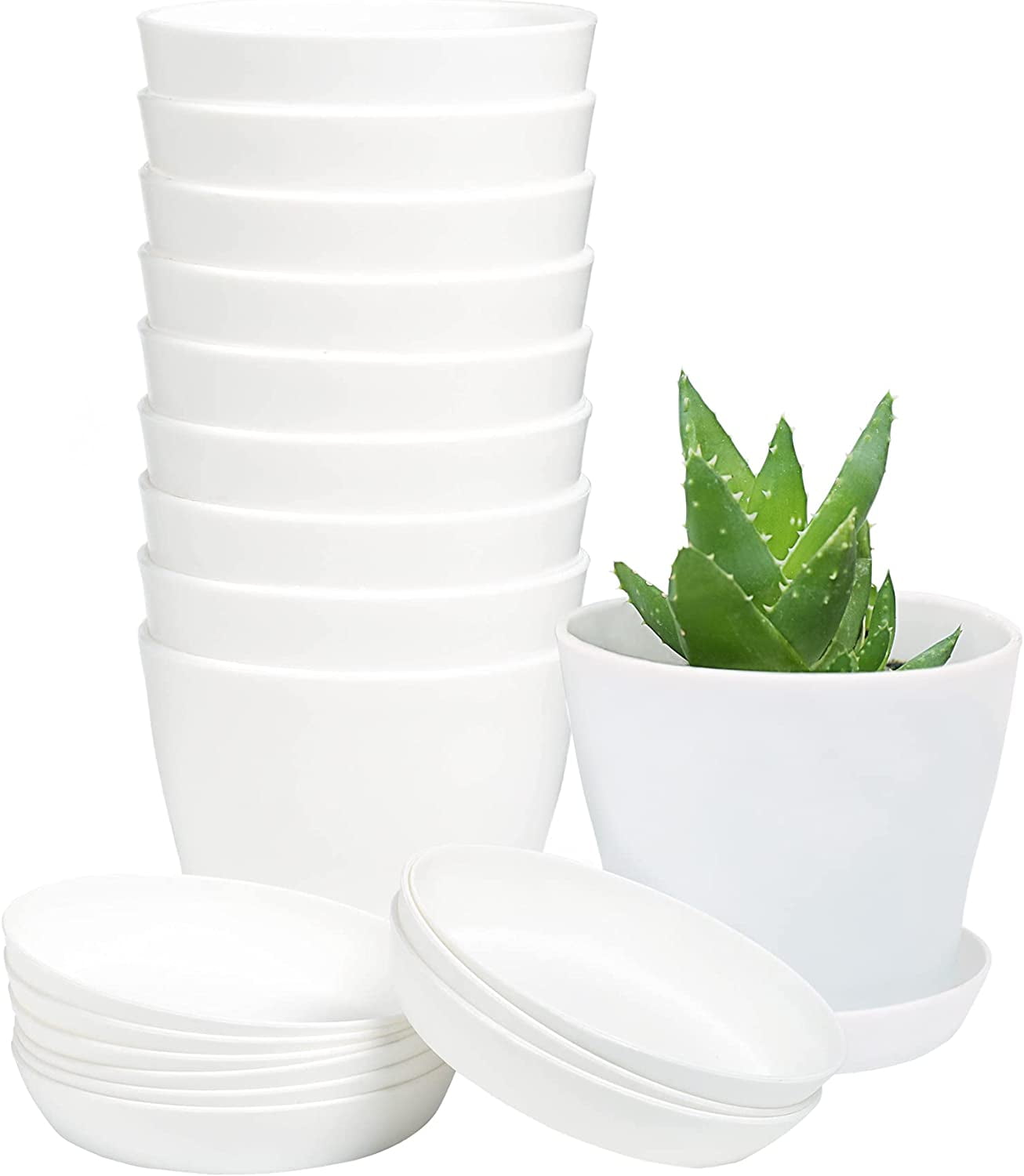 Pots for Plants, 8 Pack 4 inch Plastic Planters with Multiple Drainage Holes and Trays - Plant Pots for All Home Garden Flowers Succulents (White) 4.8inch-White - Image 1