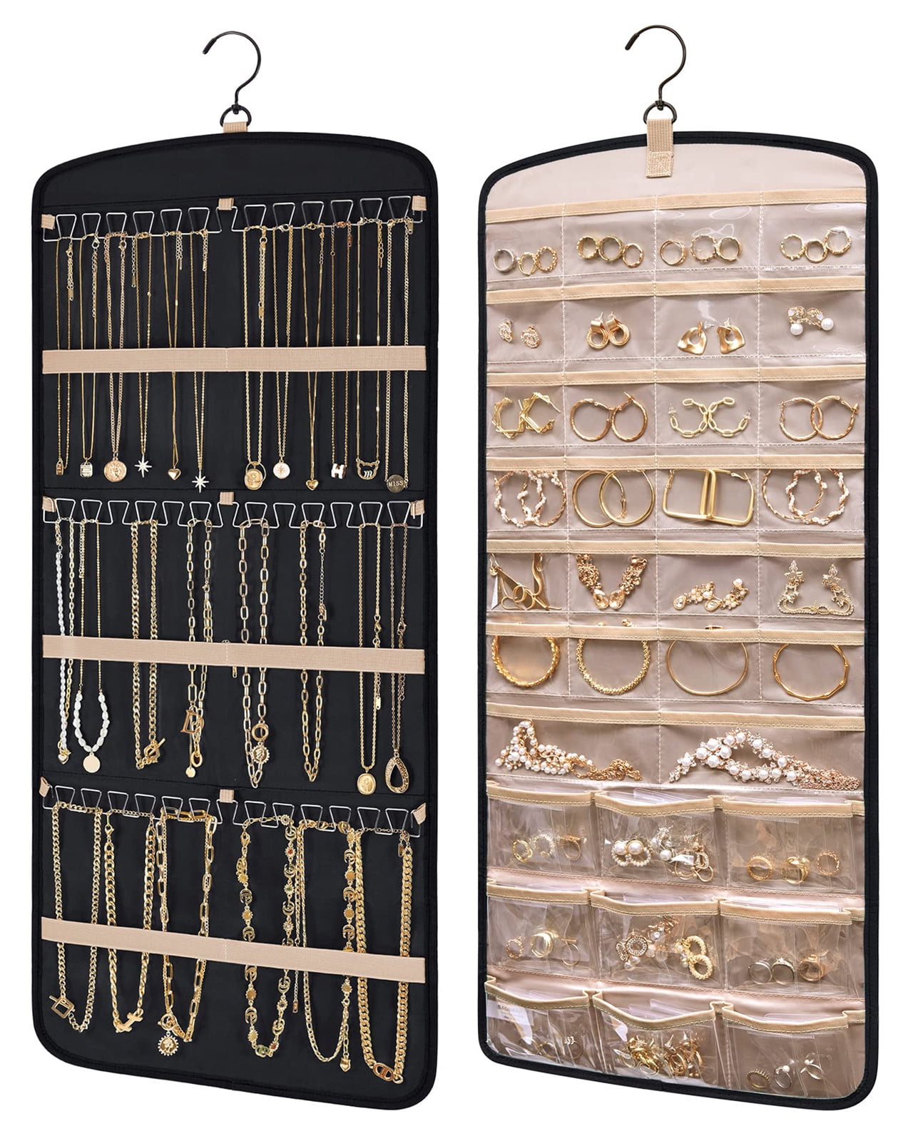 Hanging Jewelry Organizer Necklace Holder Anti-tangle Earrings Rings Hanger with 20 Jewelry Bags Travel Storage Roll with Pockets Hang on Closet, Wall, Door,1 Piece, Large, Black - Image 1