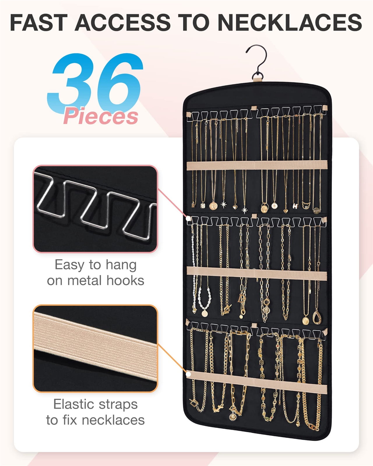 Hanging Jewelry Organizer Necklace Holder Anti-tangle Earrings Rings Hanger with 20 Jewelry Bags Travel Storage Roll with Pockets Hang on Closet, Wall, Door,1 Piece, Large, Black - Image 2