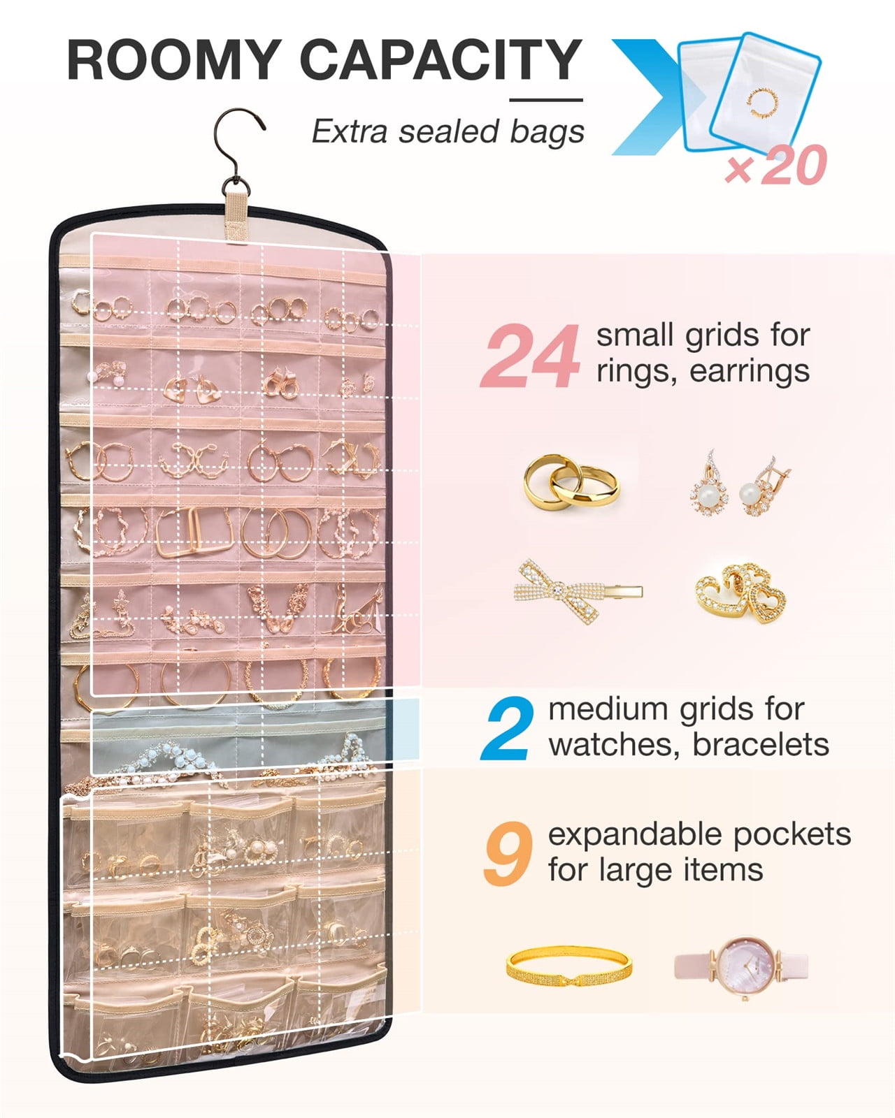 Hanging Jewelry Organizer Necklace Holder Anti-tangle Earrings Rings Hanger with 20 Jewelry Bags Travel Storage Roll with Pockets Hang on Closet, Wall, Door,1 Piece, Large, Black - Image 3