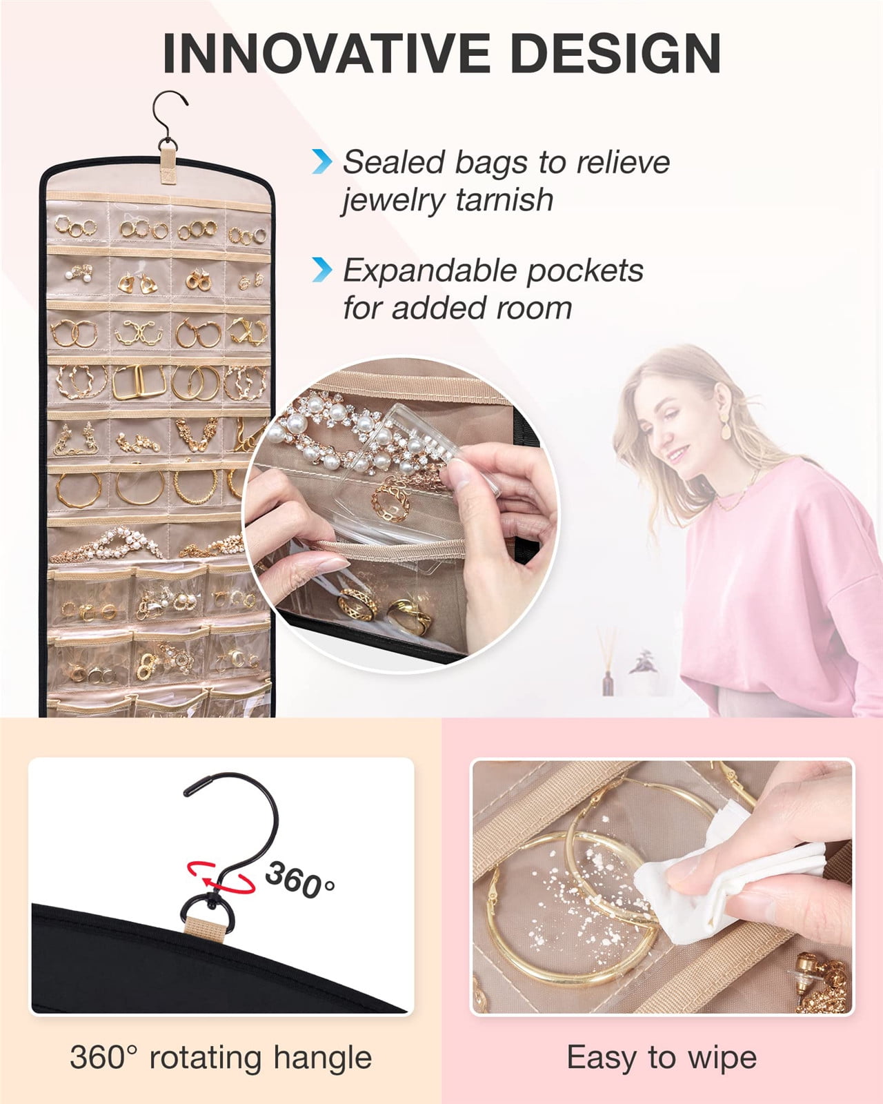 Hanging Jewelry Organizer Necklace Holder Anti-tangle Earrings Rings Hanger with 20 Jewelry Bags Travel Storage Roll with Pockets Hang on Closet, Wall, Door,1 Piece, Large, Black - Image 4