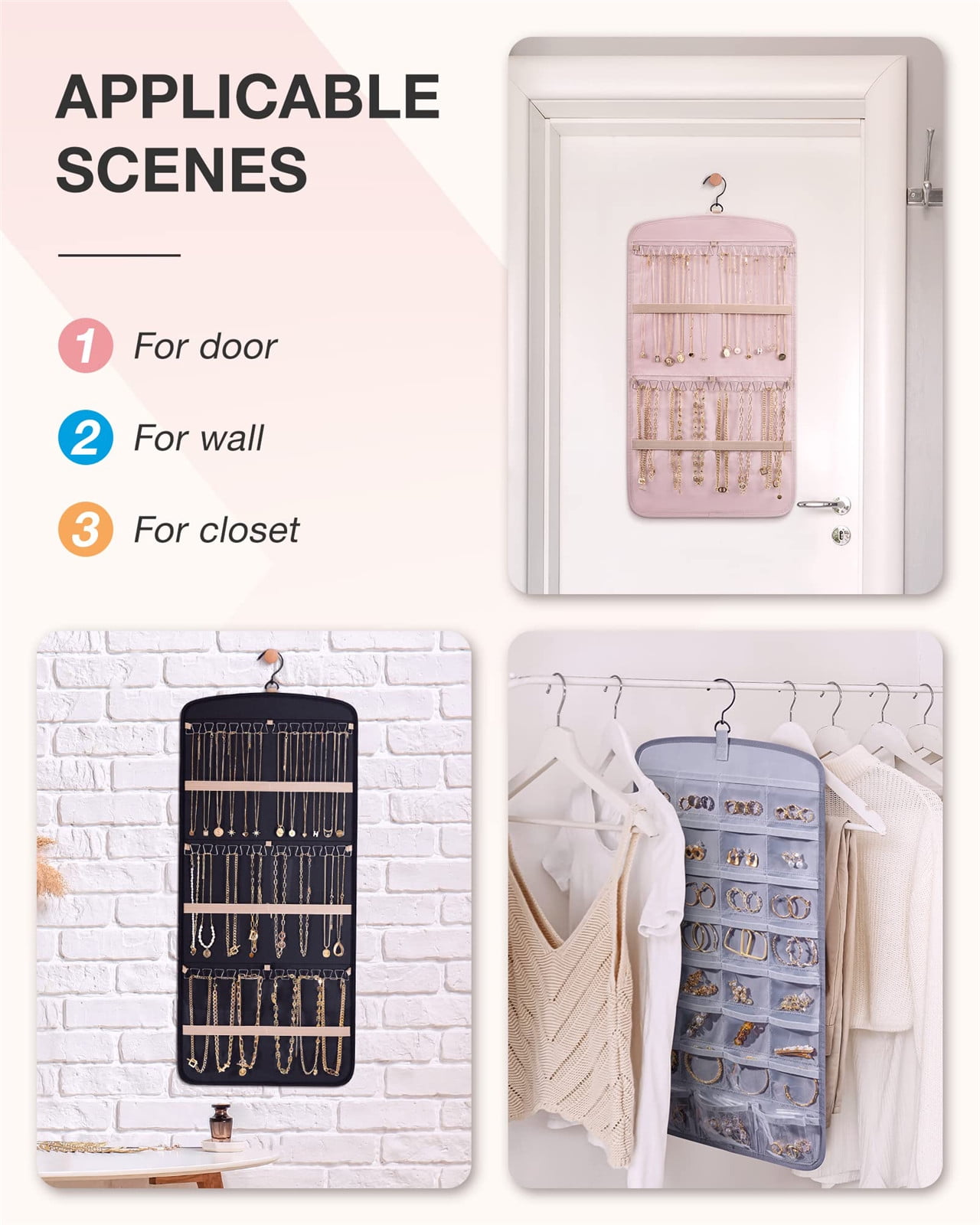 Hanging Jewelry Organizer Necklace Holder Anti-tangle Earrings Rings Hanger with 20 Jewelry Bags Travel Storage Roll with Pockets Hang on Closet, Wall, Door,1 Piece, Large, Black - Image 5