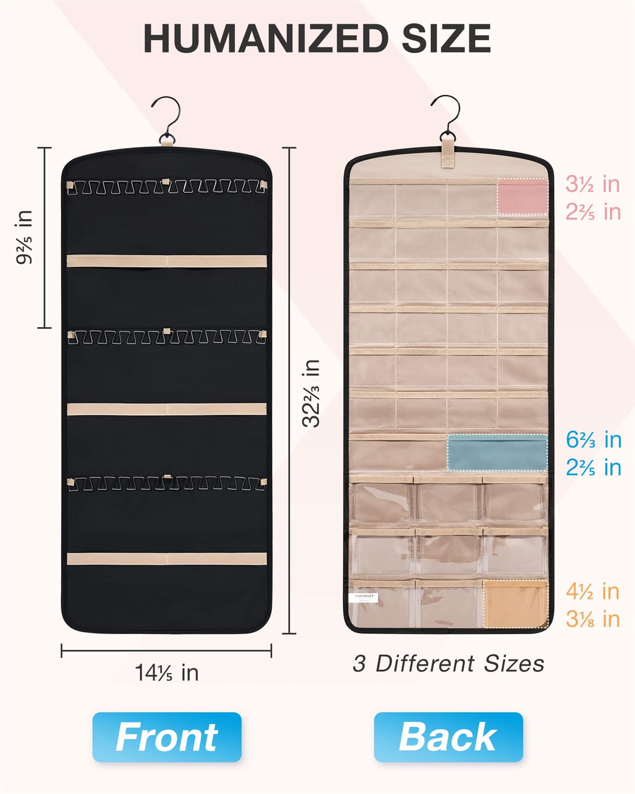 Hanging Jewelry Organizer Necklace Holder Anti-tangle Earrings Rings Hanger with 20 Jewelry Bags Travel Storage Roll with Pockets Hang on Closet, Wall, Door,1 Piece, Large, Black - Image 6