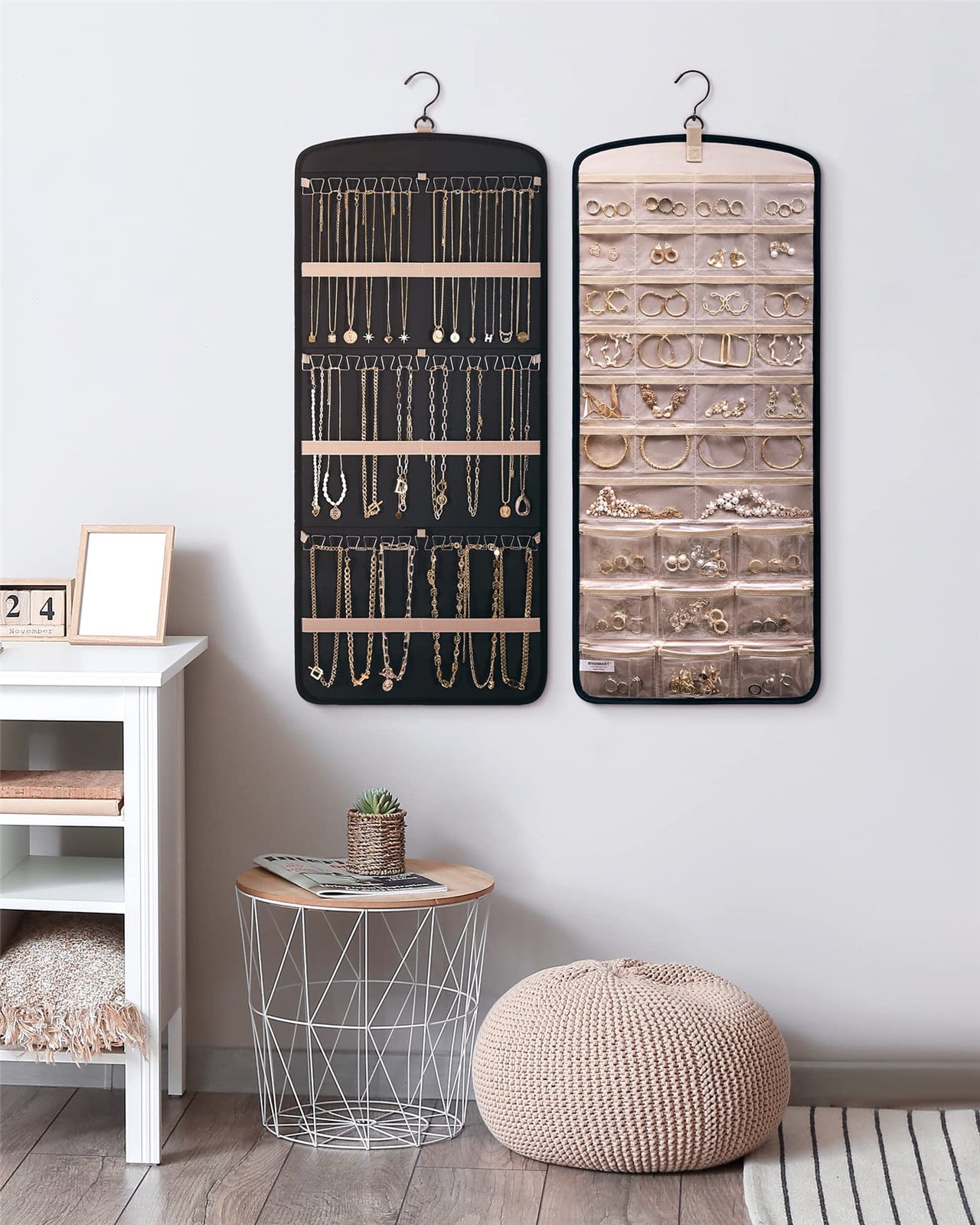 Hanging Jewelry Organizer Necklace Holder Anti-tangle Earrings Rings Hanger with 20 Jewelry Bags Travel Storage Roll with Pockets Hang on Closet, Wall, Door,1 Piece, Large, Black - Image 7