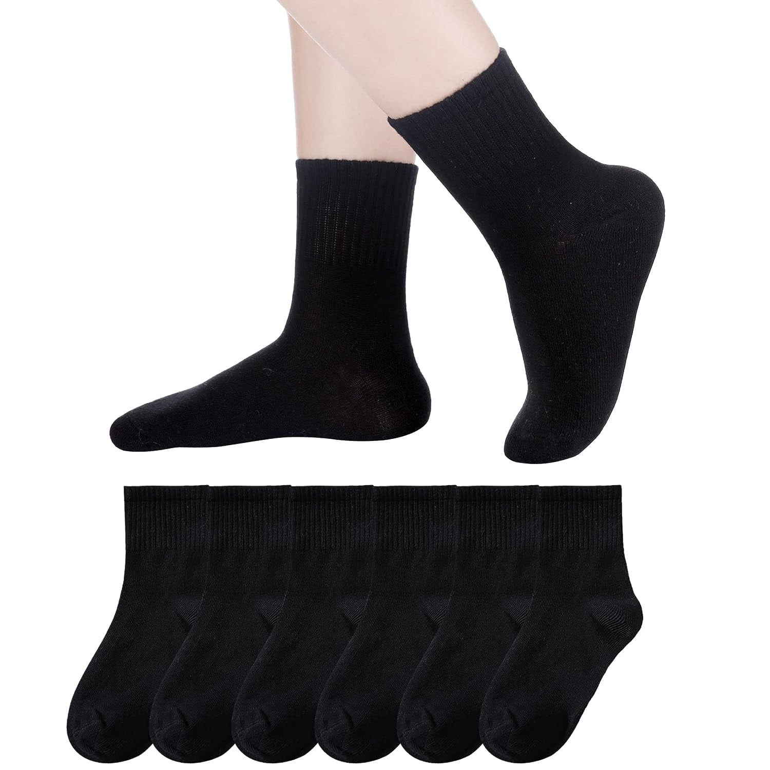 Holzlrgus Kids Athletic Crew Socks Boys Girls Cotton School Uniform Casual Basic Socks 6 Pairs 3-5T Black - Image 1