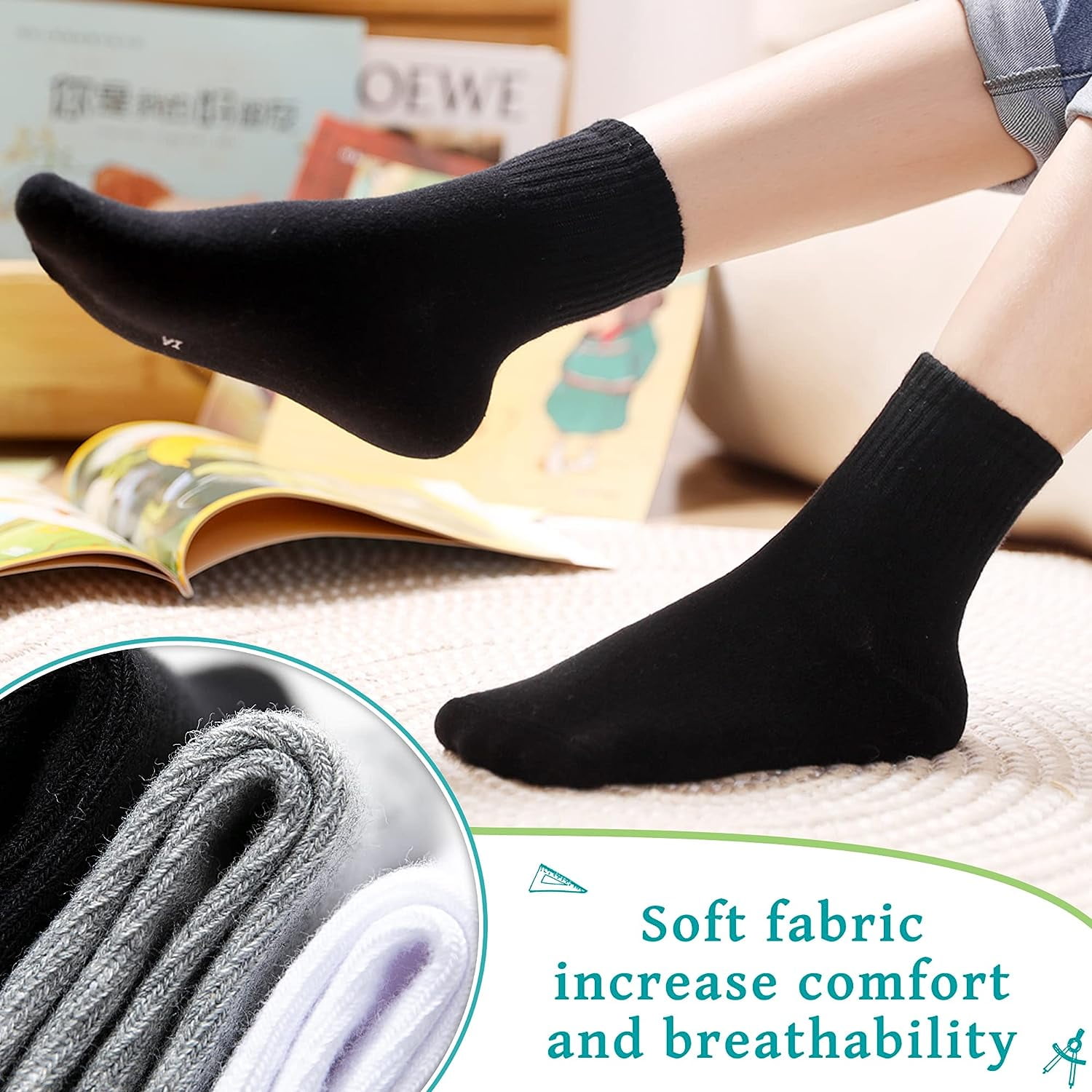Holzlrgus Kids Athletic Crew Socks Boys Girls Cotton School Uniform Casual Basic Socks 6 Pairs 6 - 8 Years Black - Image 3