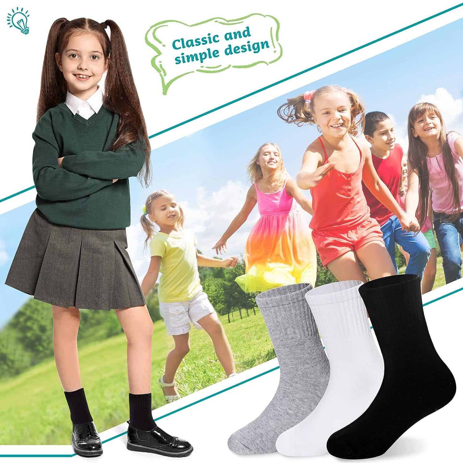 Holzlrgus Kids Athletic Crew Socks Boys Girls Cotton School Uniform Casual Basic Socks 6 Pairs 9 - 12 Years Black - Image 2