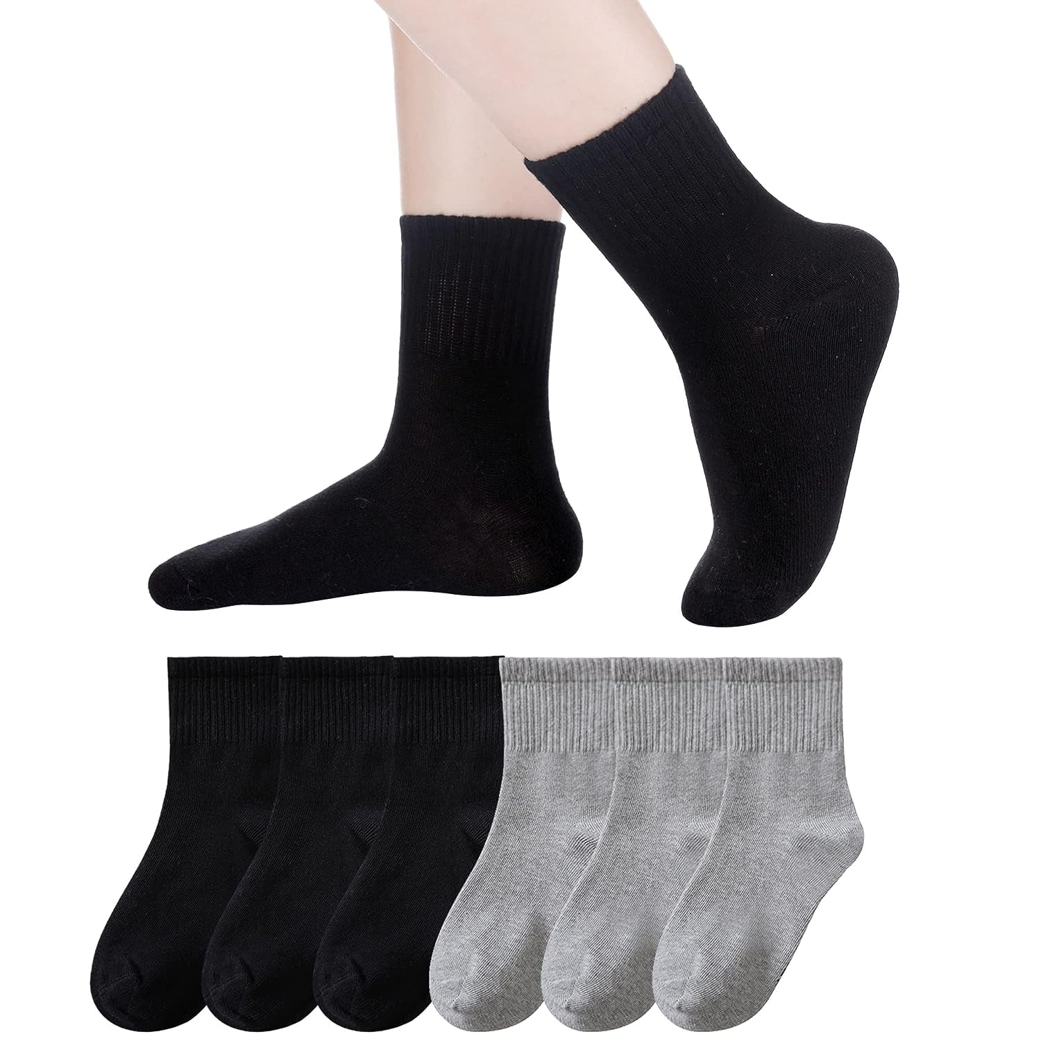 Holzlrgus Kids Athletic Crew Socks Boys Girls Cotton School Uniform Casual Basic Socks 6 Pairs 9 - 12 Years Black + Gray - Image 1
