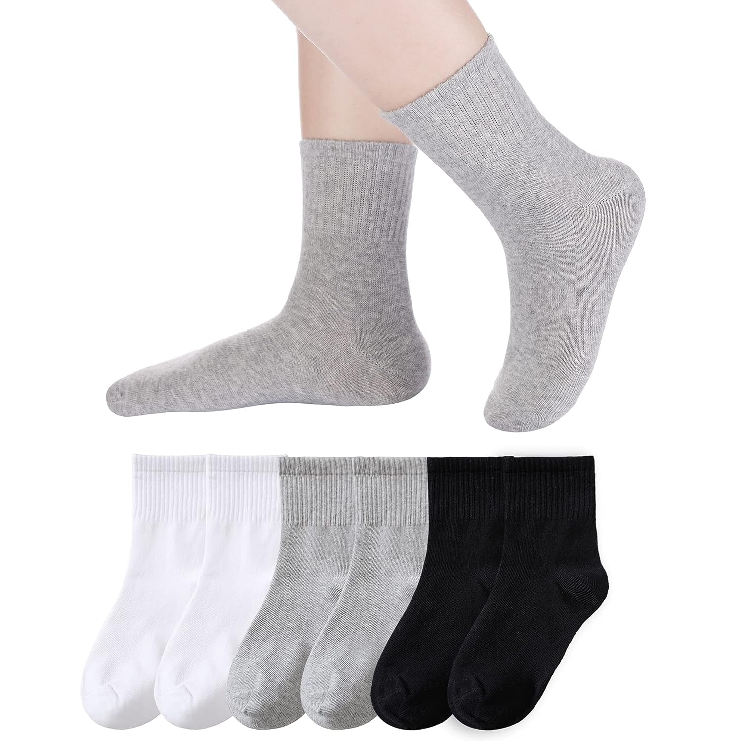 Holzlrgus Kids Athletic Crew Socks Boys Girls Cotton School Uniform Casual Basic Socks 6 Pairs 3-5T Black+ White + Grey - Image 1