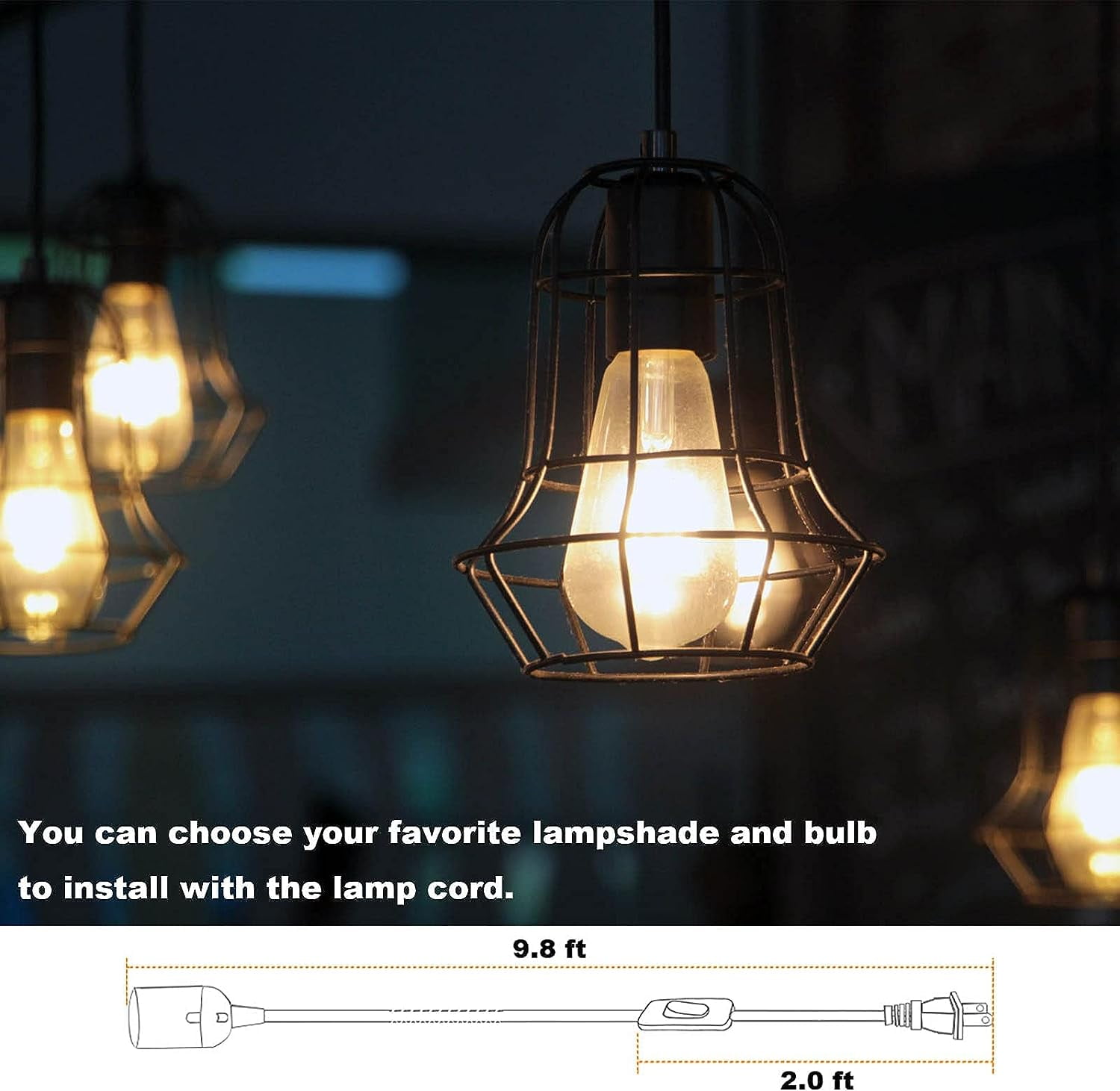 Plug in Hanging Light Kit, Retro Hanging Lights with Plug in Cord, E26 E27 Industrial Pendant Light Fixture, 5.9 FT Cord with On/Off Switch Hanging Lamp for Living Room Bedroom 2 Pack Black - Image 3