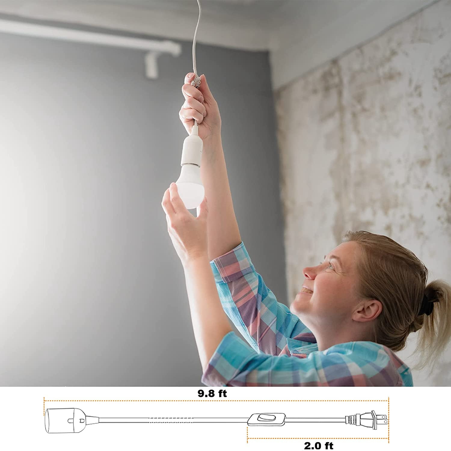 Plug in Hanging Light Kit, Retro Hanging Lights with Plug in Cord, E26 E27 Industrial Pendant Light Fixture, 5.9 FT Cord with On/Off Switch Hanging Lamp for Living Room Bedroom 2 Pack White - Image 2