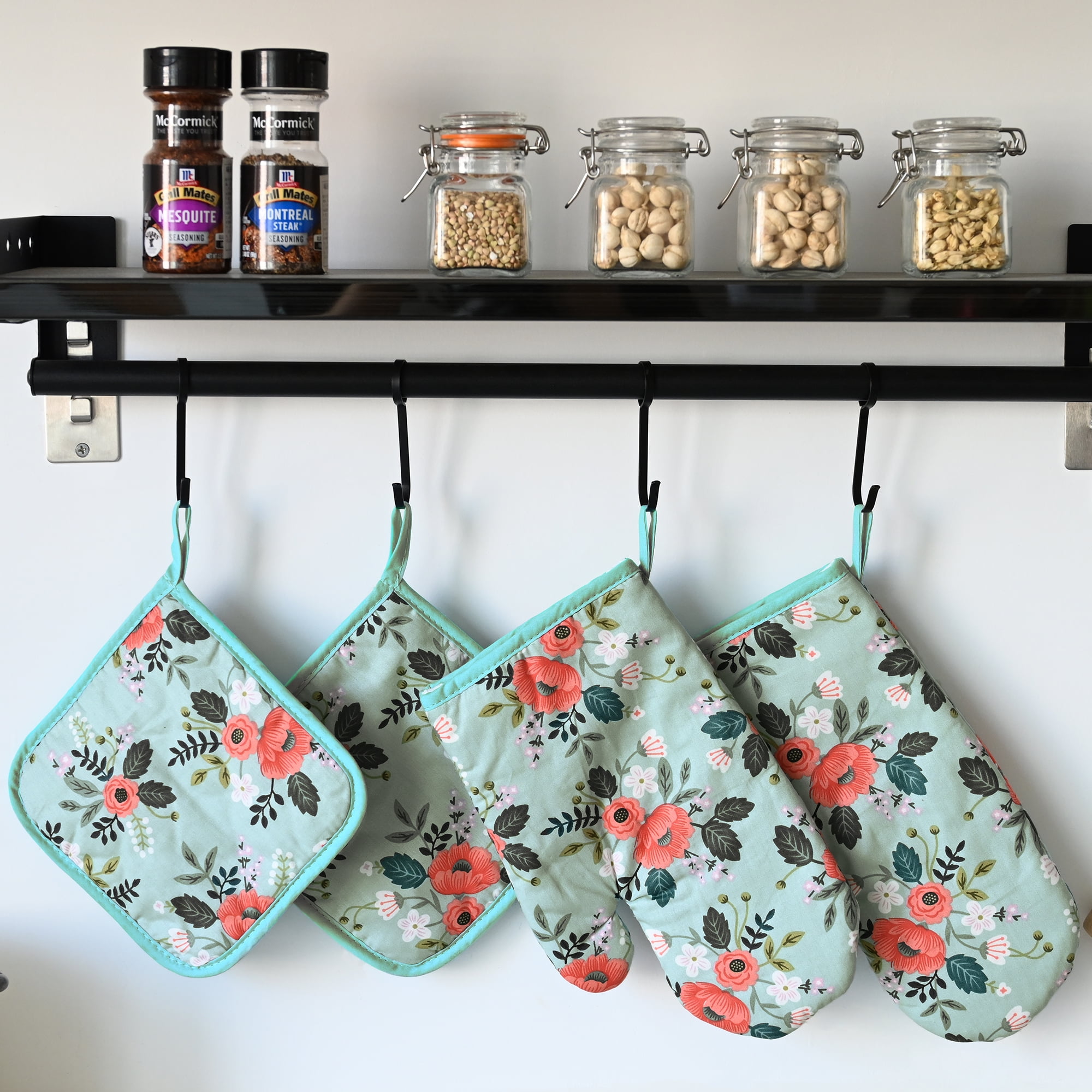 4 Pack Oven Mitts and Pot Holders Set, Heat Resistant Fabric Bake Pot Holders Gloves, Yellow Floral - Image 1