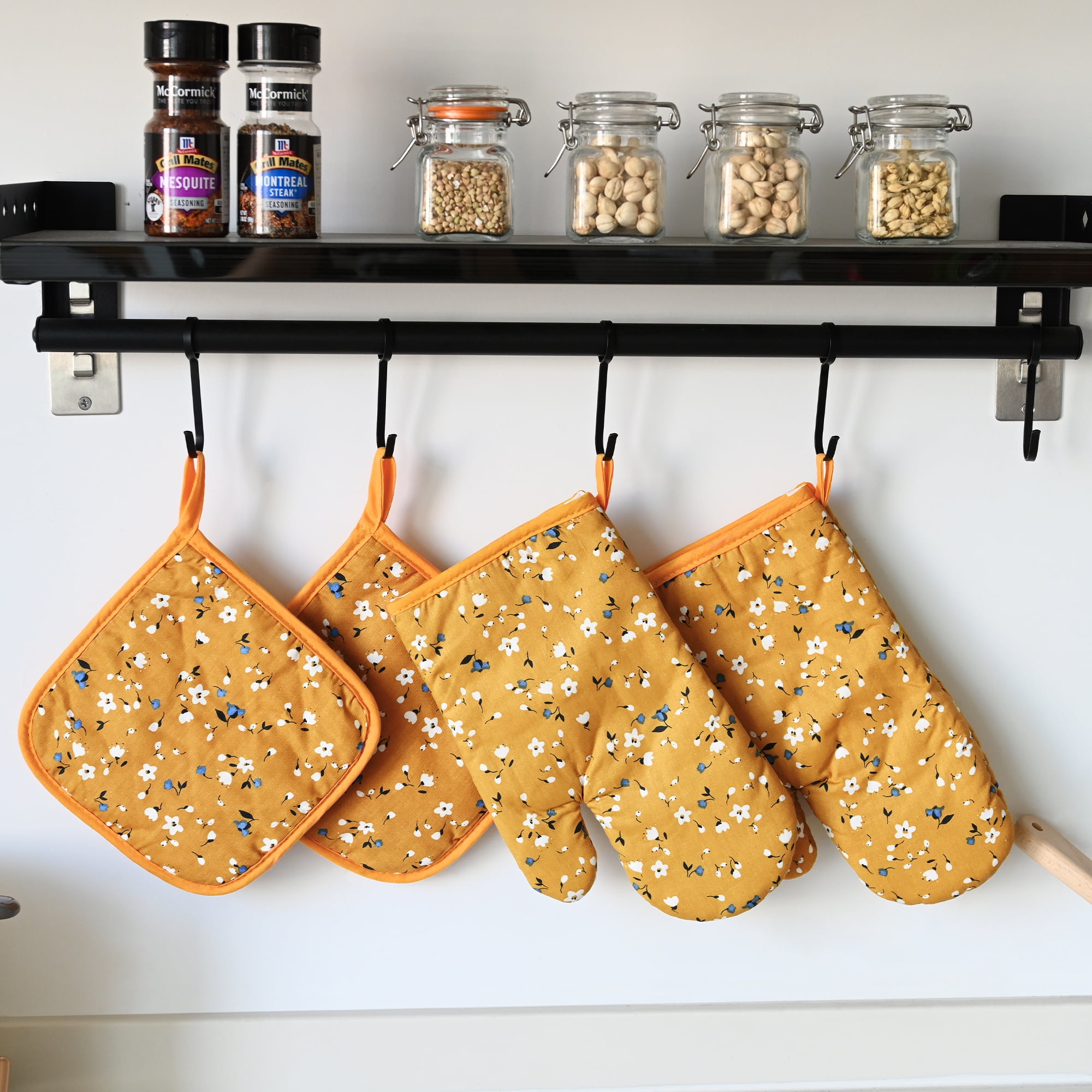 4 Pack Oven Mitts and Pot Holders Set, Heat Resistant Fabric Bake Pot Holders Gloves, Yellow Floral - Image 1