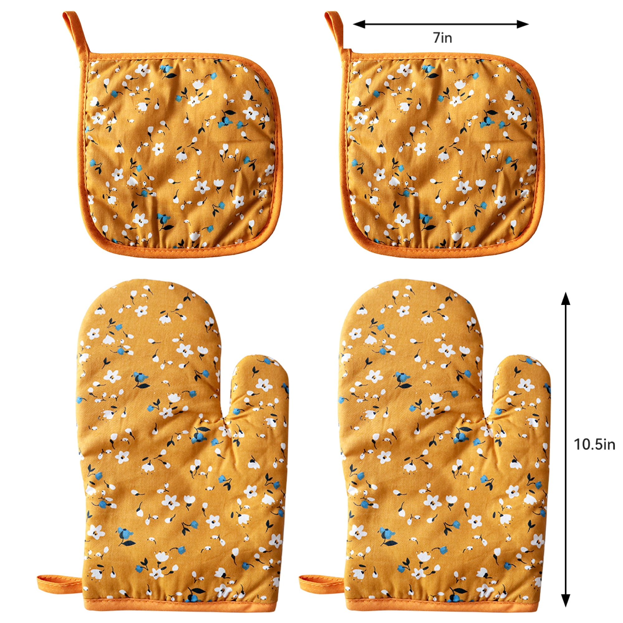 4 Pack Oven Mitts and Pot Holders Set, Heat Resistant Fabric Bake Pot Holders Gloves, Yellow Floral - Image 5