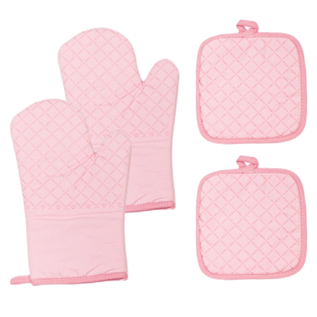 Oven Mitts and Pot Holders for Kitchen Heat Resistant - 4pcs Cotton Oven Gloves & Hot Pads with Non-Slip Silicone Grip Long Arm - Pink - Image 1