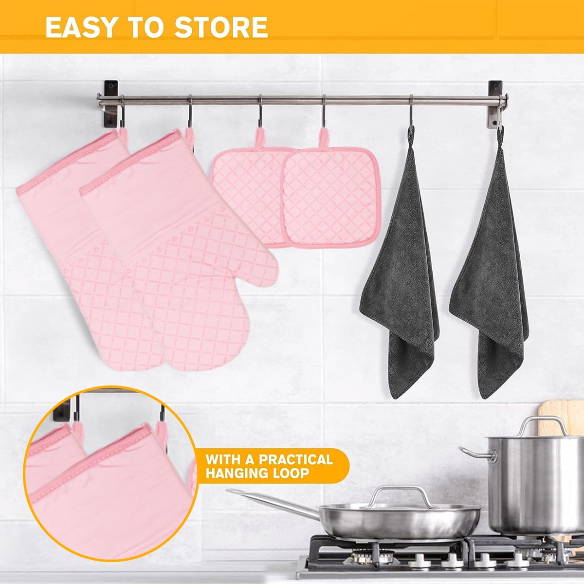 Oven Mitts and Pot Holders for Kitchen Heat Resistant - 4pcs Cotton Oven Gloves & Hot Pads with Non-Slip Silicone Grip Long Arm - Pink - Image 3