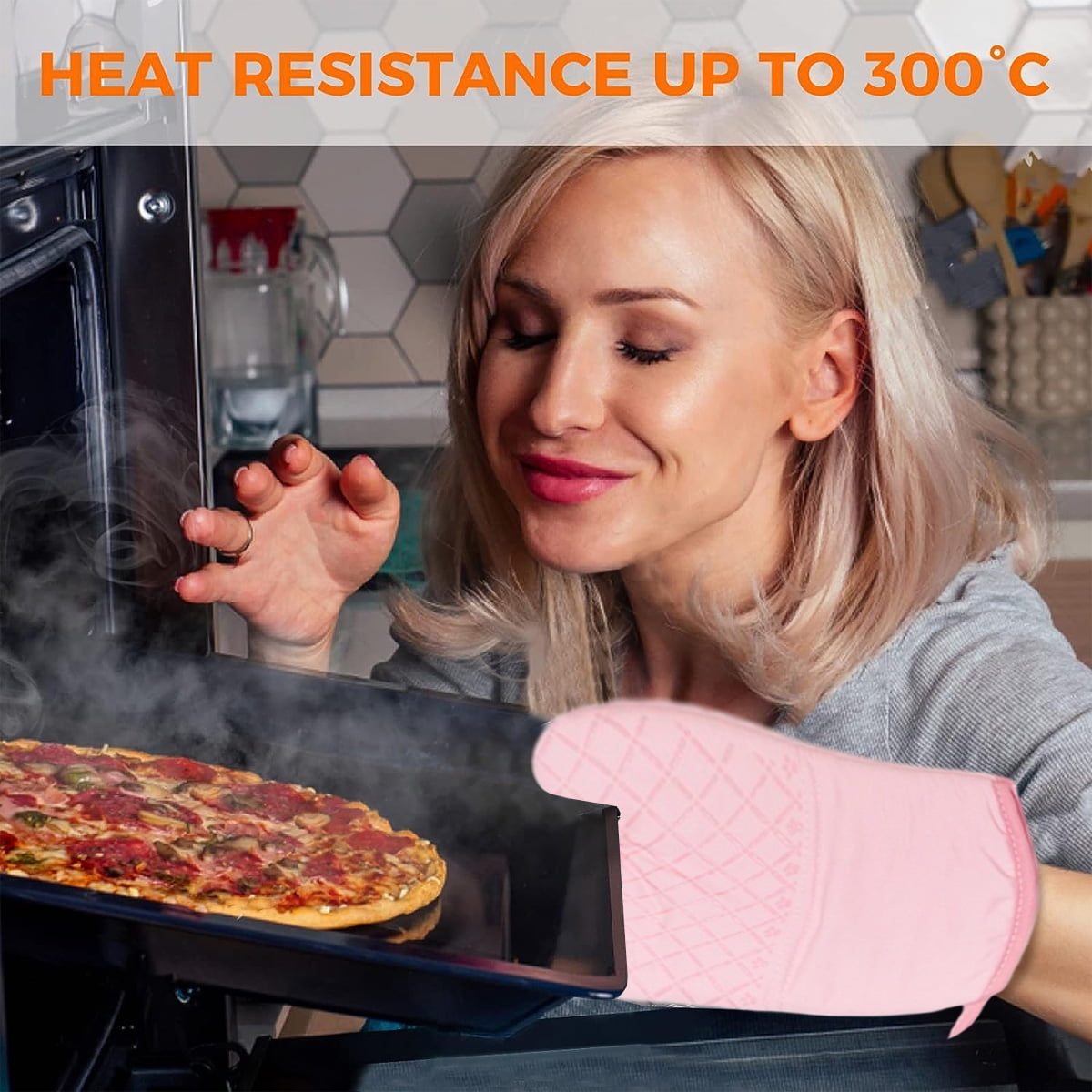 Oven Mitts and Pot Holders for Kitchen Heat Resistant - 4pcs Cotton Oven Gloves & Hot Pads with Non-Slip Silicone Grip Long Arm - Pink - Image 6