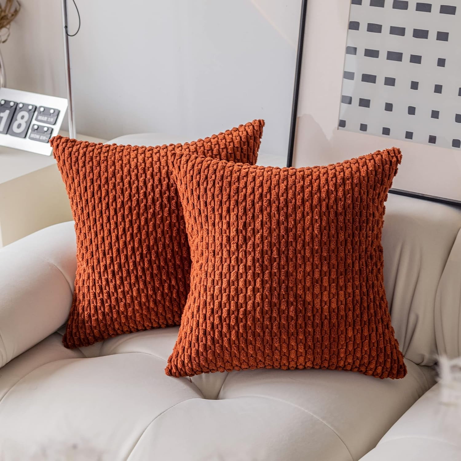 Holzlrgus Fall Set of 2 Striped Textured Velvet Corduroy Decorative Europe Sham Seasonal Autumn Throw Pillow Cushion Cover for Couch, (60x60 cm, 24inch) 22 x 22-Inch Burnt Brick - Image 1