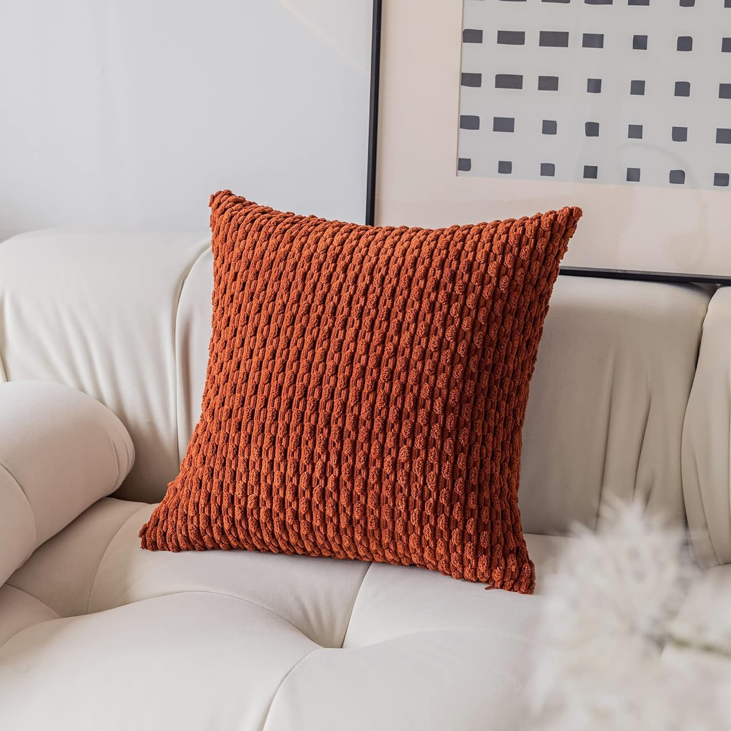 Holzlrgus Fall Set of 2 Striped Textured Velvet Corduroy Decorative Europe Sham Seasonal Autumn Throw Pillow Cushion Cover for Couch, (60x60 cm, 24inch) 22 x 22-Inch Burnt Brick - Image 2