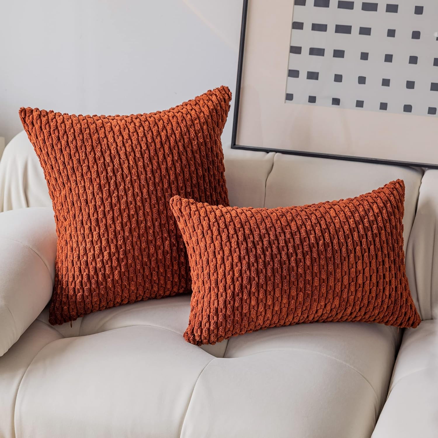 Holzlrgus Fall Set of 2 Striped Textured Velvet Corduroy Decorative Europe Sham Seasonal Autumn Throw Pillow Cushion Cover for Couch, (60x60 cm, 24inch) 22 x 22-Inch Burnt Brick - Image 4