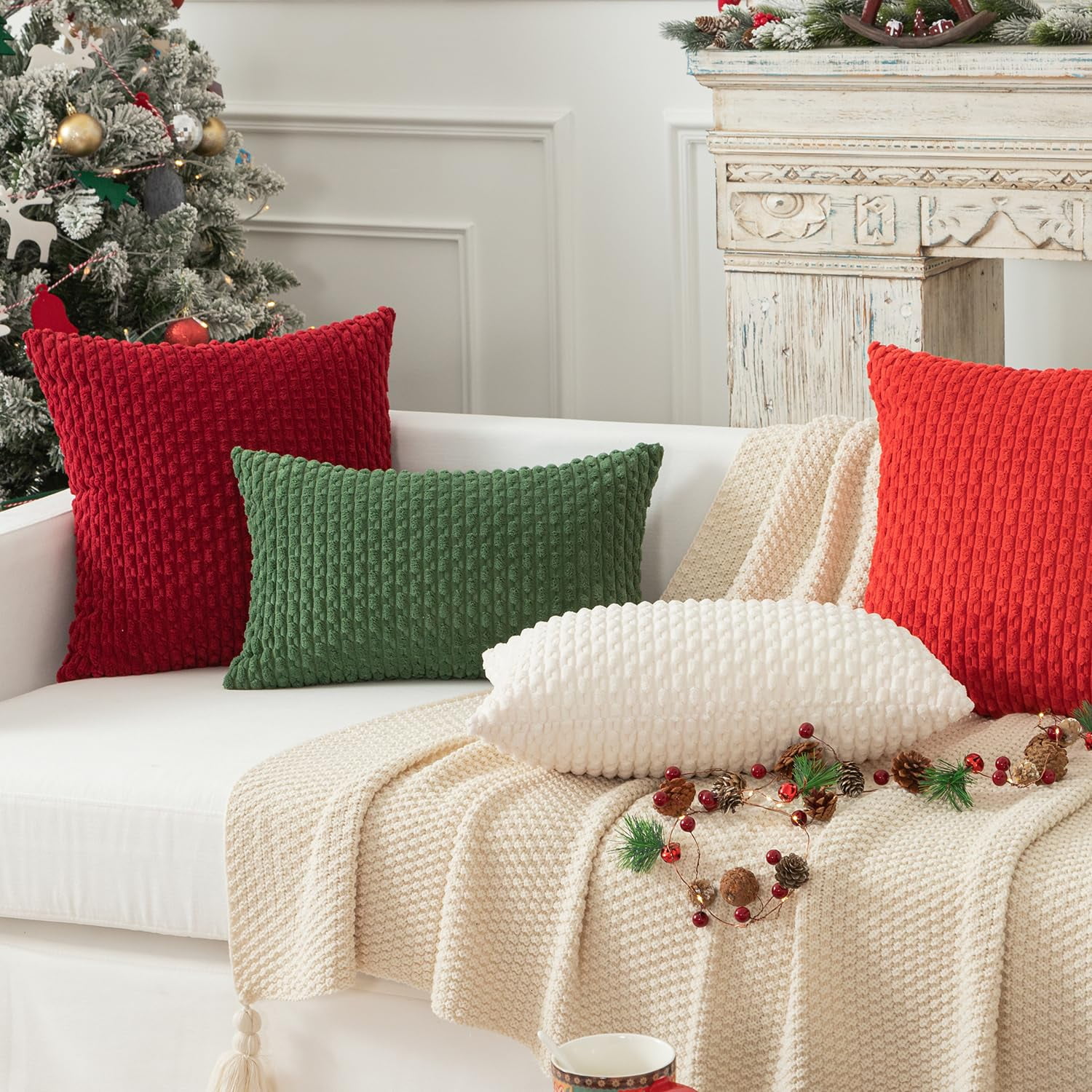 Holzlrgus Fall Set of 2 Striped Textured Velvet Corduroy Decorative Europe Sham Seasonal Autumn Throw Pillow Cushion Cover for Couch, (60x60 cm, 24inch), Burnt Brick 22 x 22-Inch Cream - Image 5