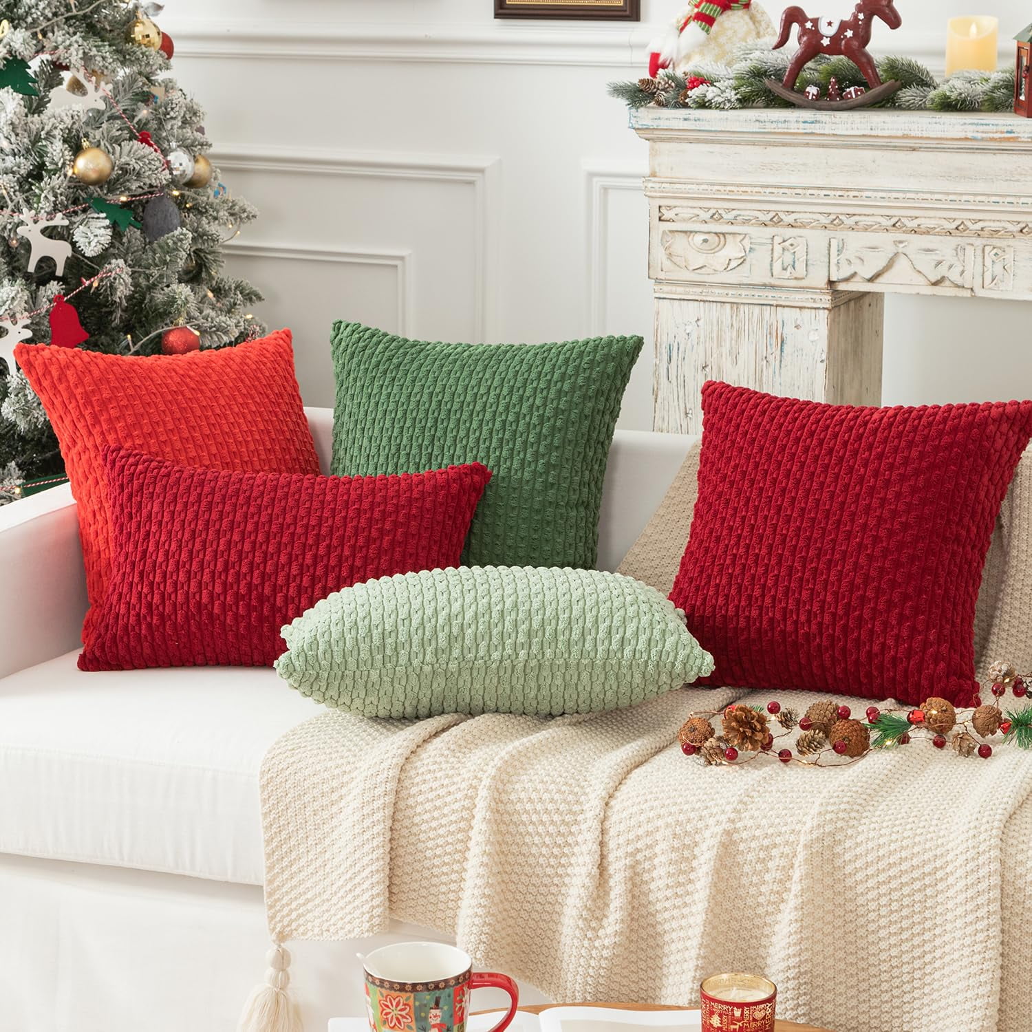 Holzlrgus Fall Set of 2 Striped Textured Velvet Corduroy Decorative Europe Sham Seasonal Autumn Throw Pillow Cushion Cover for Couch, (60x60 cm, 24inch), Burnt Brick 16 x 16-Inch Dark Green - Image 4